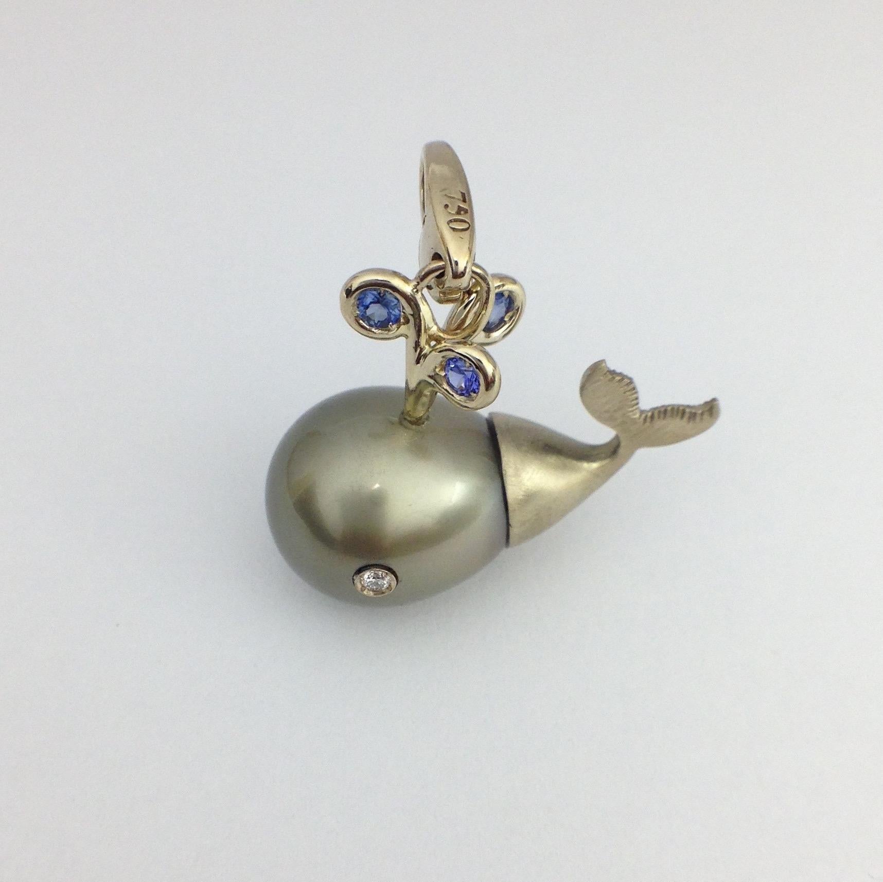 Artisan Petronilla Diamond Blue Sapphire Pearl 18Kt Gold Whale Pendant/Necklace or Charm