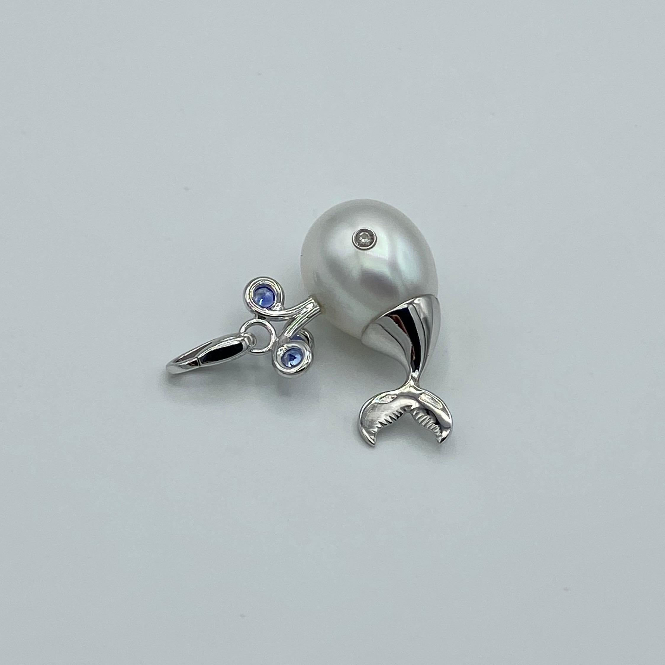 Contemporary White Diamond Blue Sapphire Pearl 18 Karat Gold Whale Pendant/Necklace and Charm