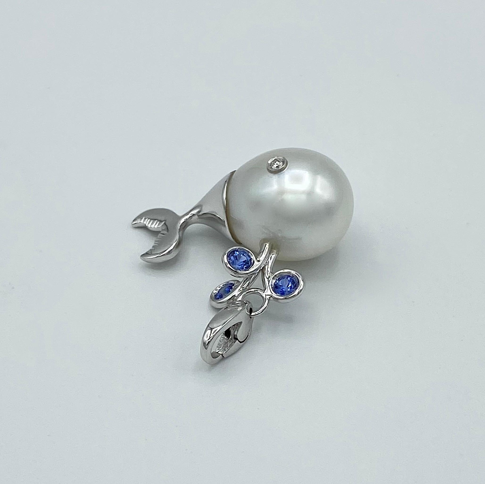 Round Cut White Diamond Blue Sapphire Pearl 18 Karat Gold Whale Pendant/Necklace and Charm