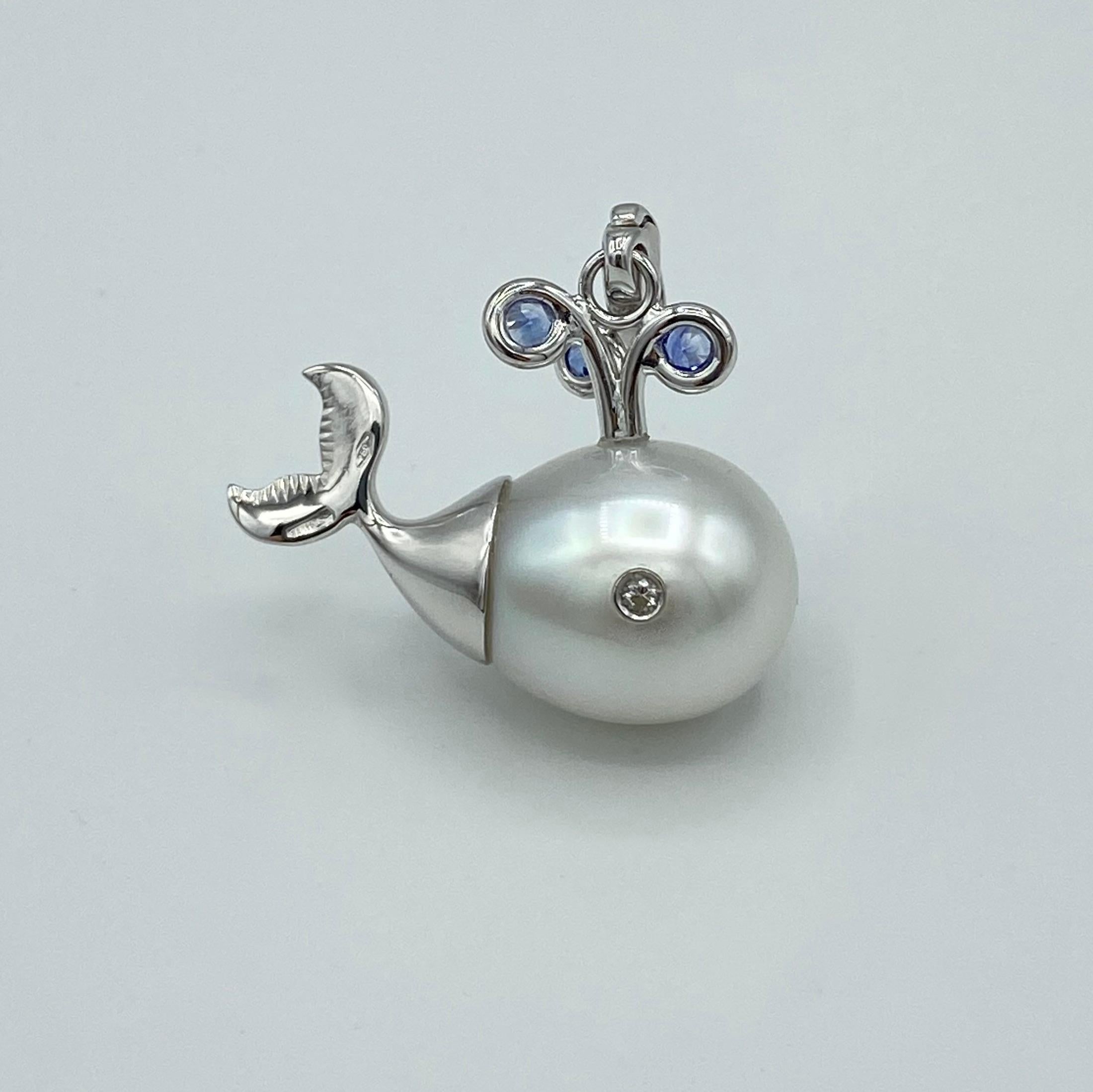 Women's White Diamond Blue Sapphire Pearl 18 Karat Gold Whale Pendant/Necklace and Charm