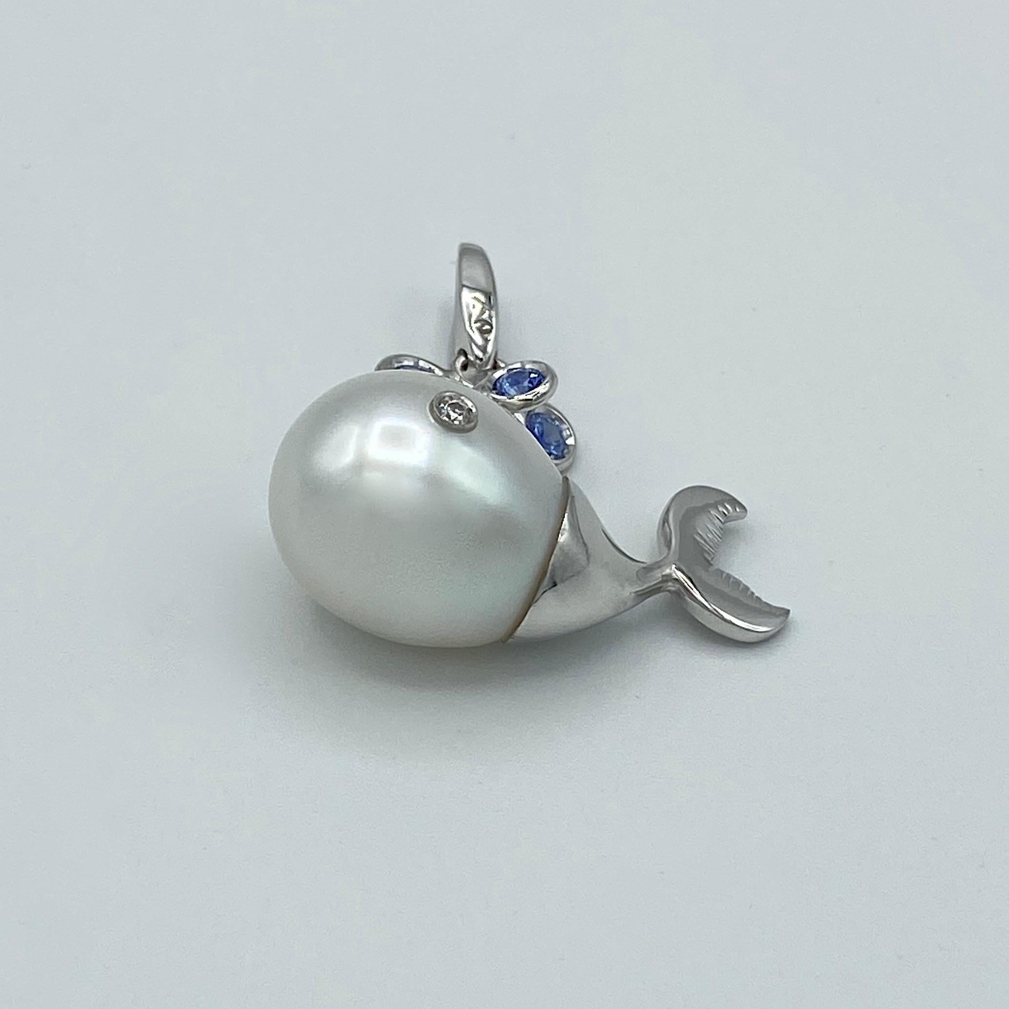 White Diamond Blue Sapphire Pearl 18 Karat Gold Whale Pendant/Necklace and Charm 2