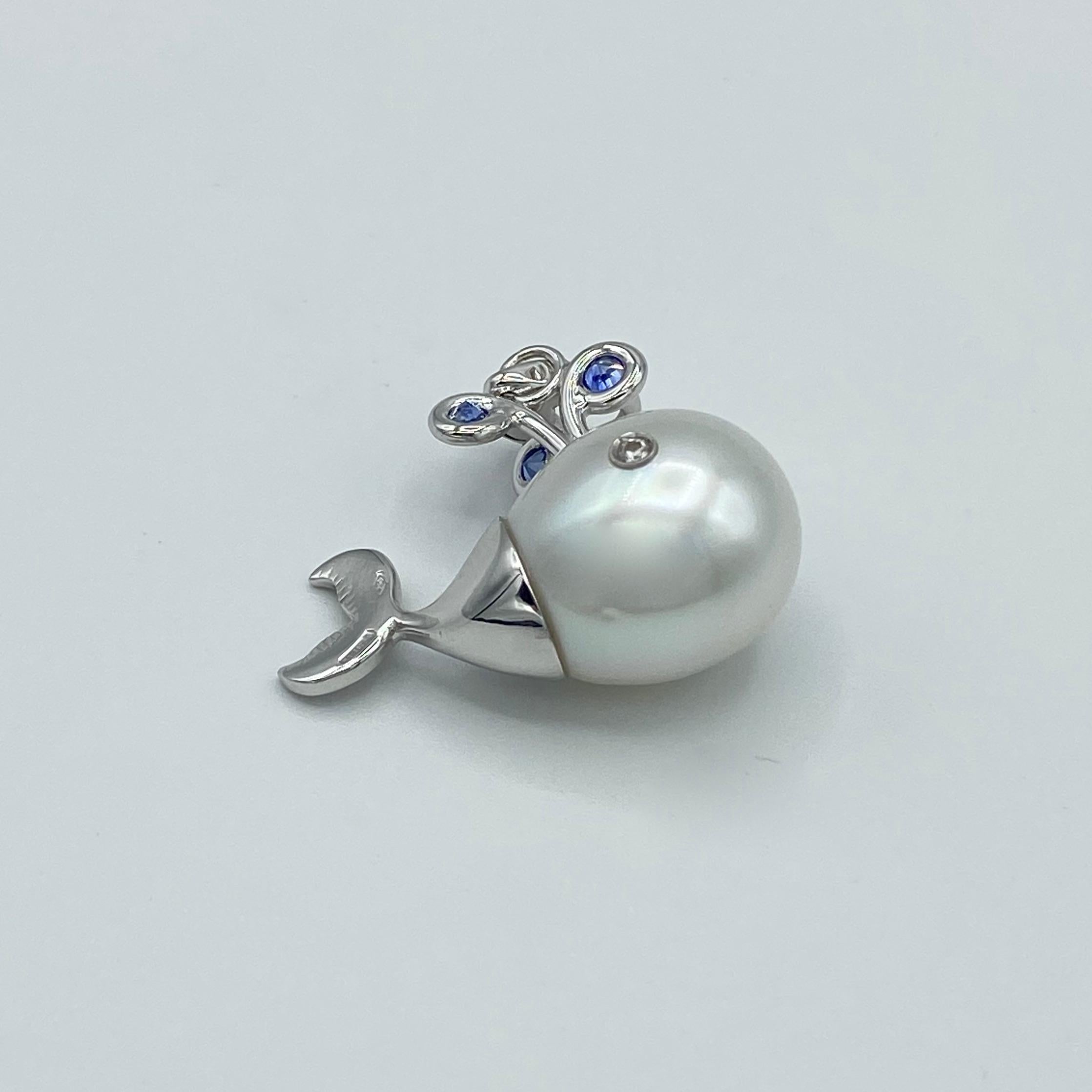 White Diamond Blue Sapphire Pearl 18 Karat Gold Whale Pendant/Necklace and Charm 3
