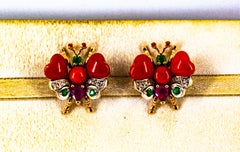 White Diamond Blue Sapphire Ruby Emerald Red Coral Yellow Gold Stud Earrings