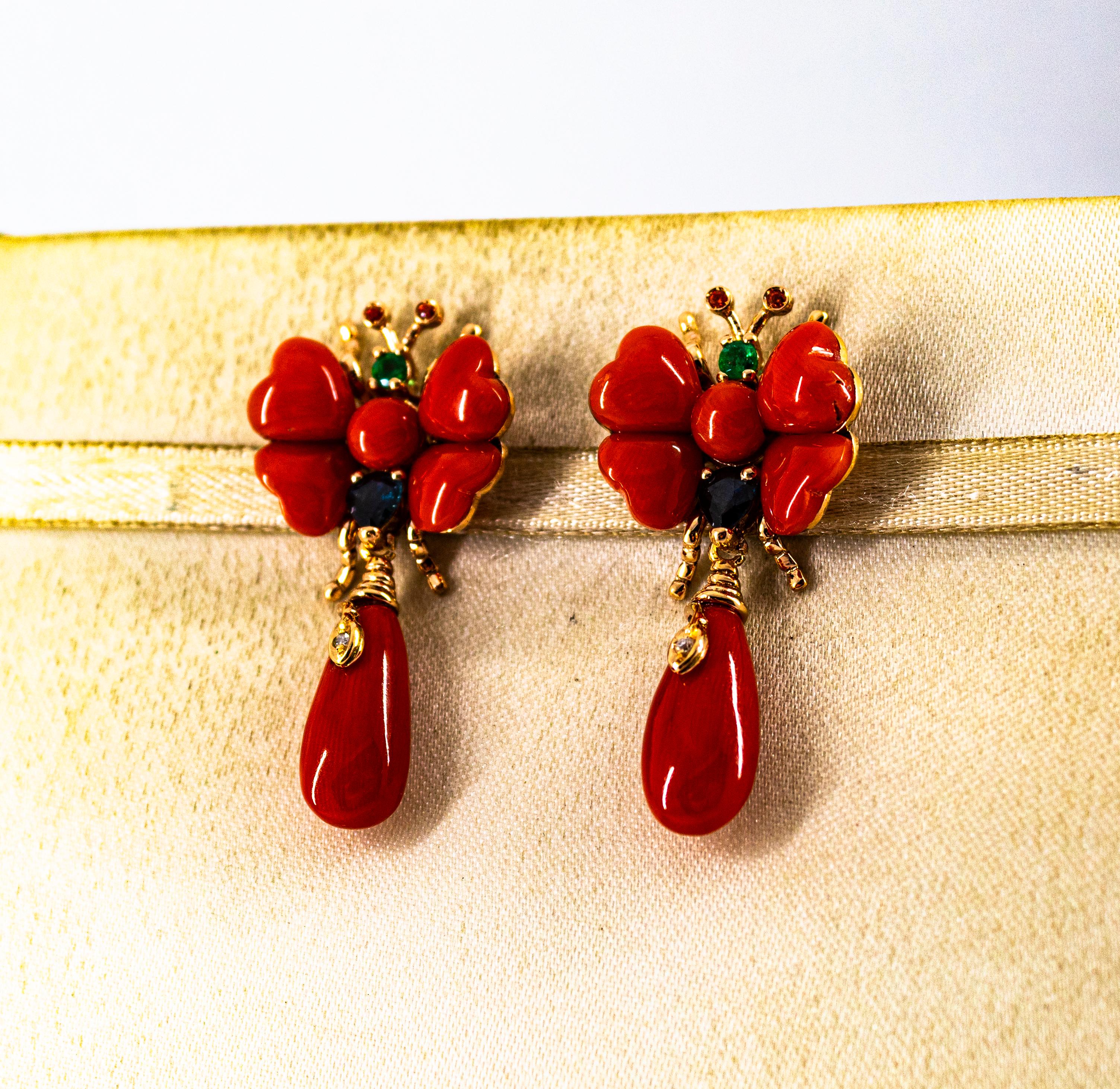 Art Nouveau White Diamond Blue Sapphire Ruby Emerald Red Coral Yellow Gold Stud Earrings