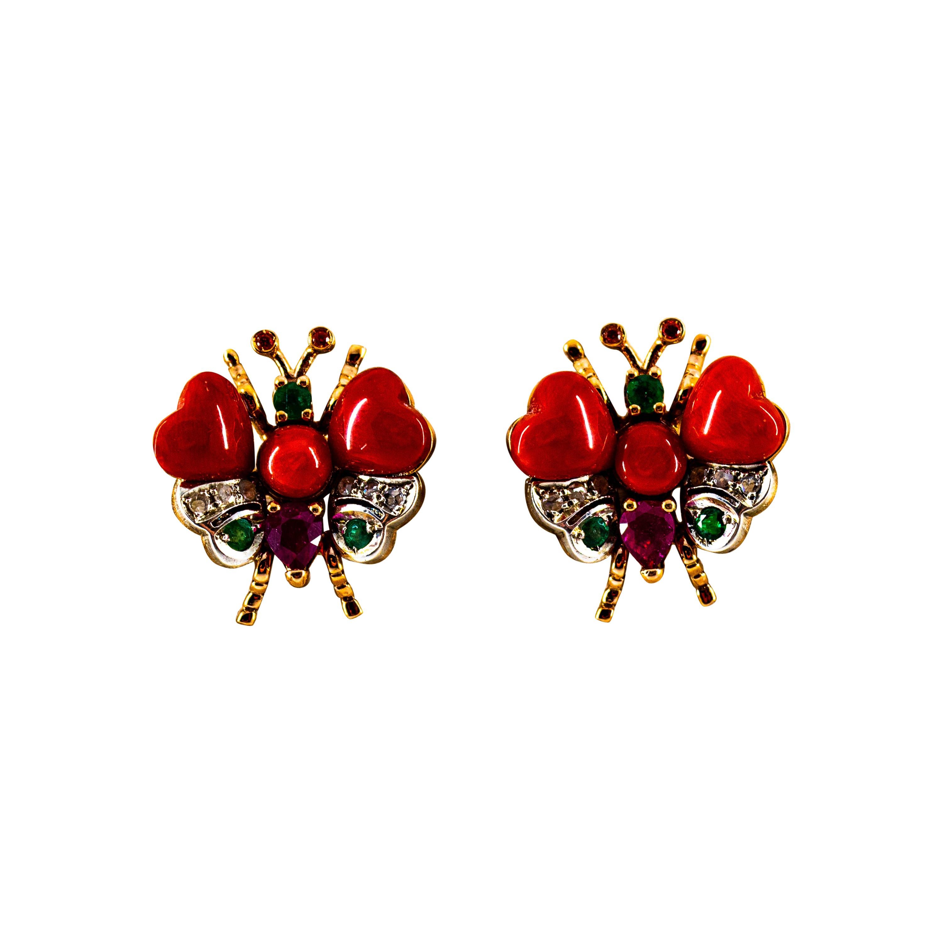 White Diamond Blue Sapphire Ruby Emerald Red Coral Yellow Gold Stud Earrings
