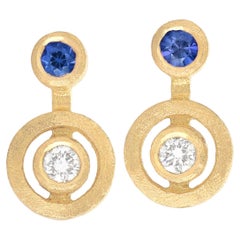 White Diamond Blue Sapphire Satin Gold Handmade Stud Earrings
