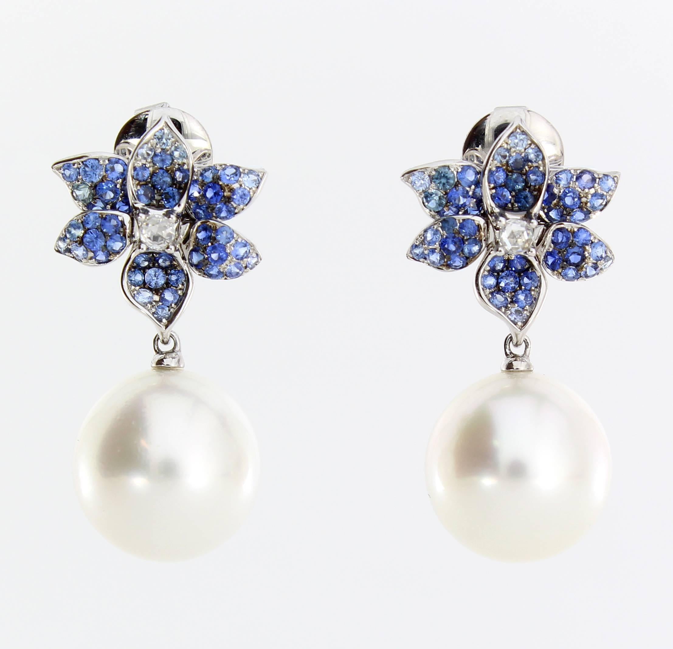 Contemporary Autore White Diamond Blue Sapphire South Sea Pearl Earrings