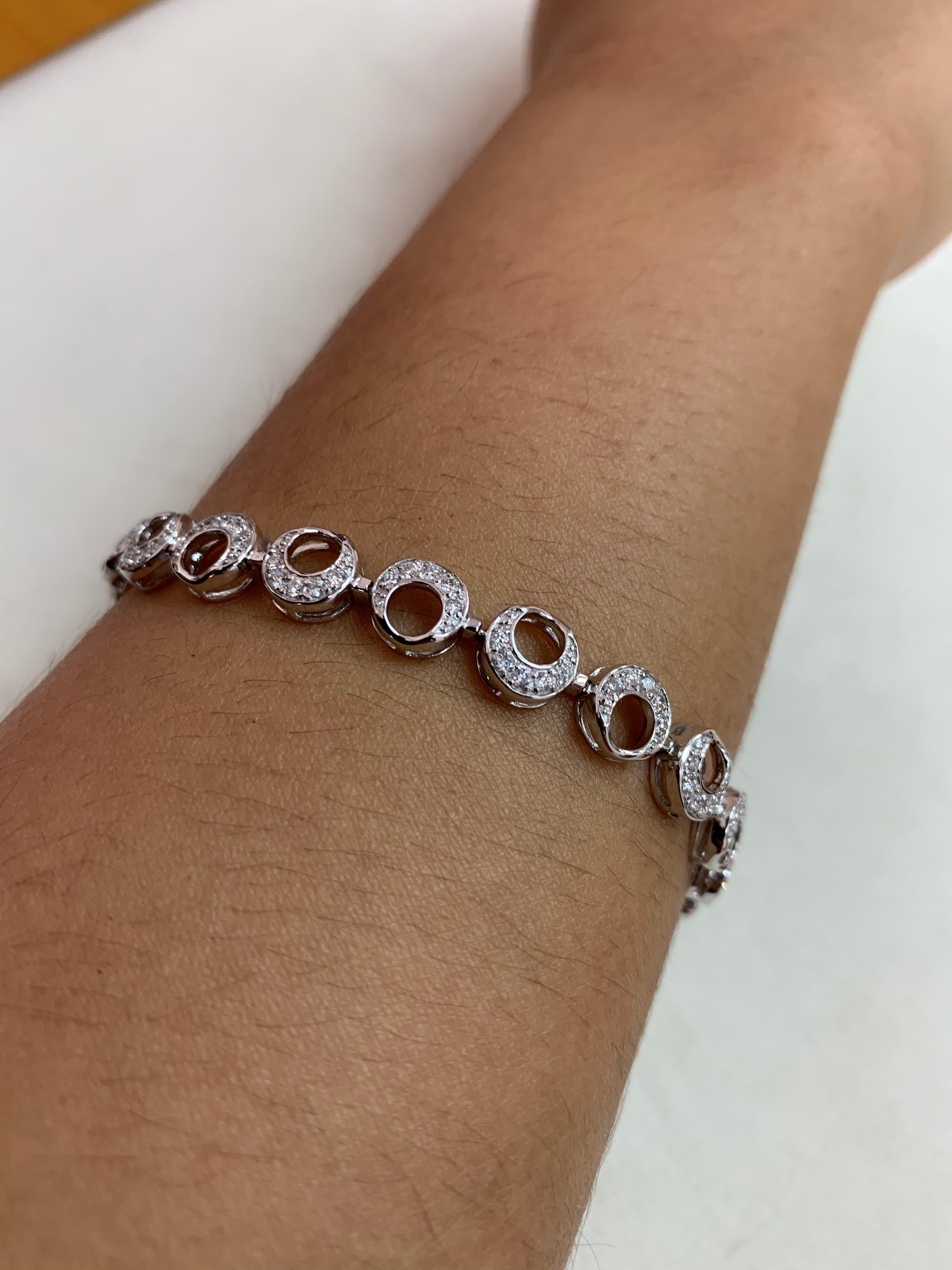 Round Cut White Diamond Bracelet in 14 Karat White Gold For Sale