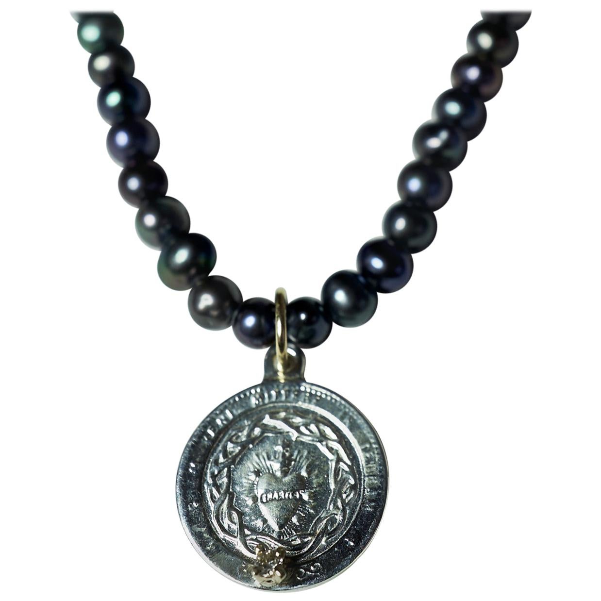 Collar Diamante Blanco Perla Negra Colgante Medalla Corazón Plata de Ley J DAUPHIN