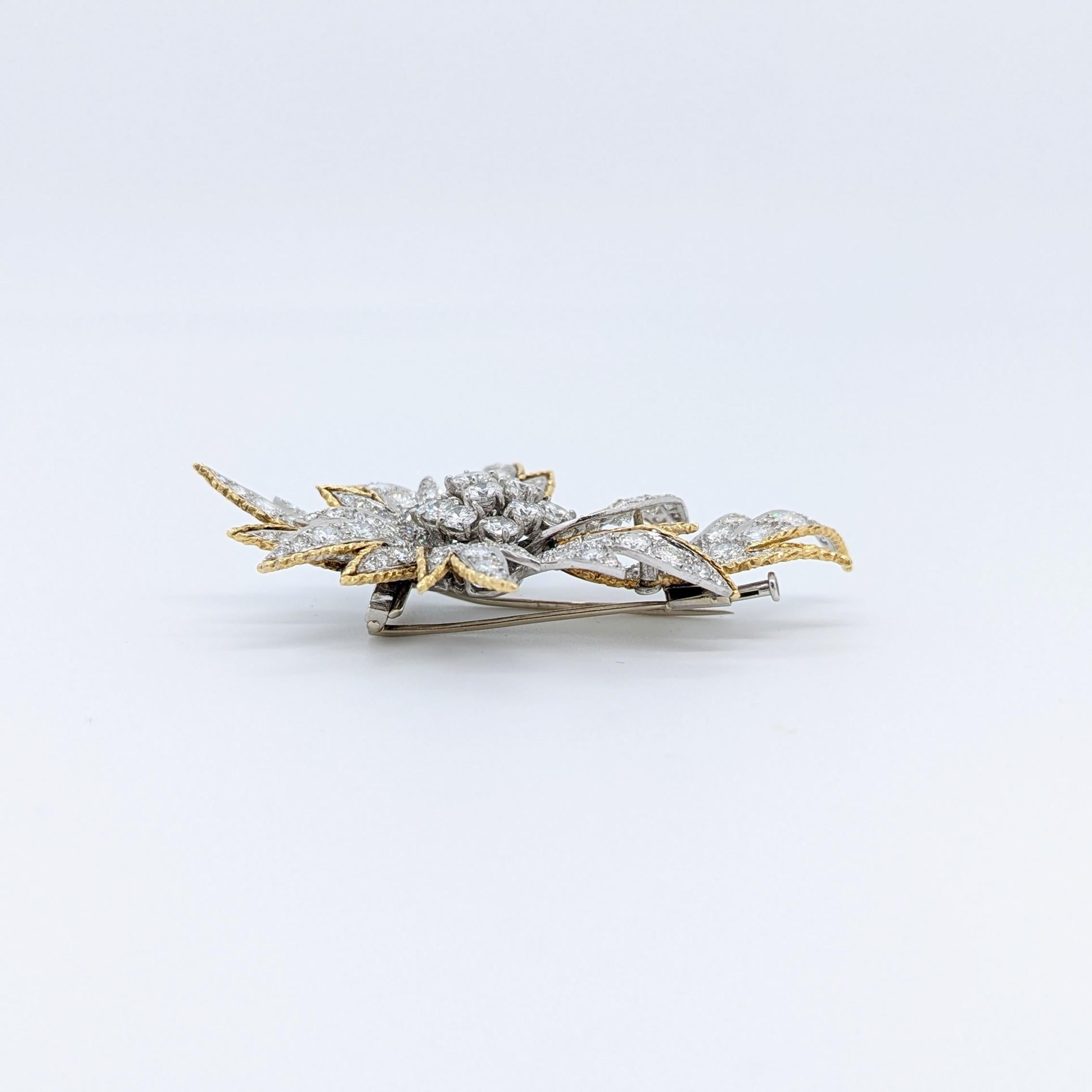 Women's or Men's White Diamond Brooch in 18K Yellow Gold & Platinum For Sale