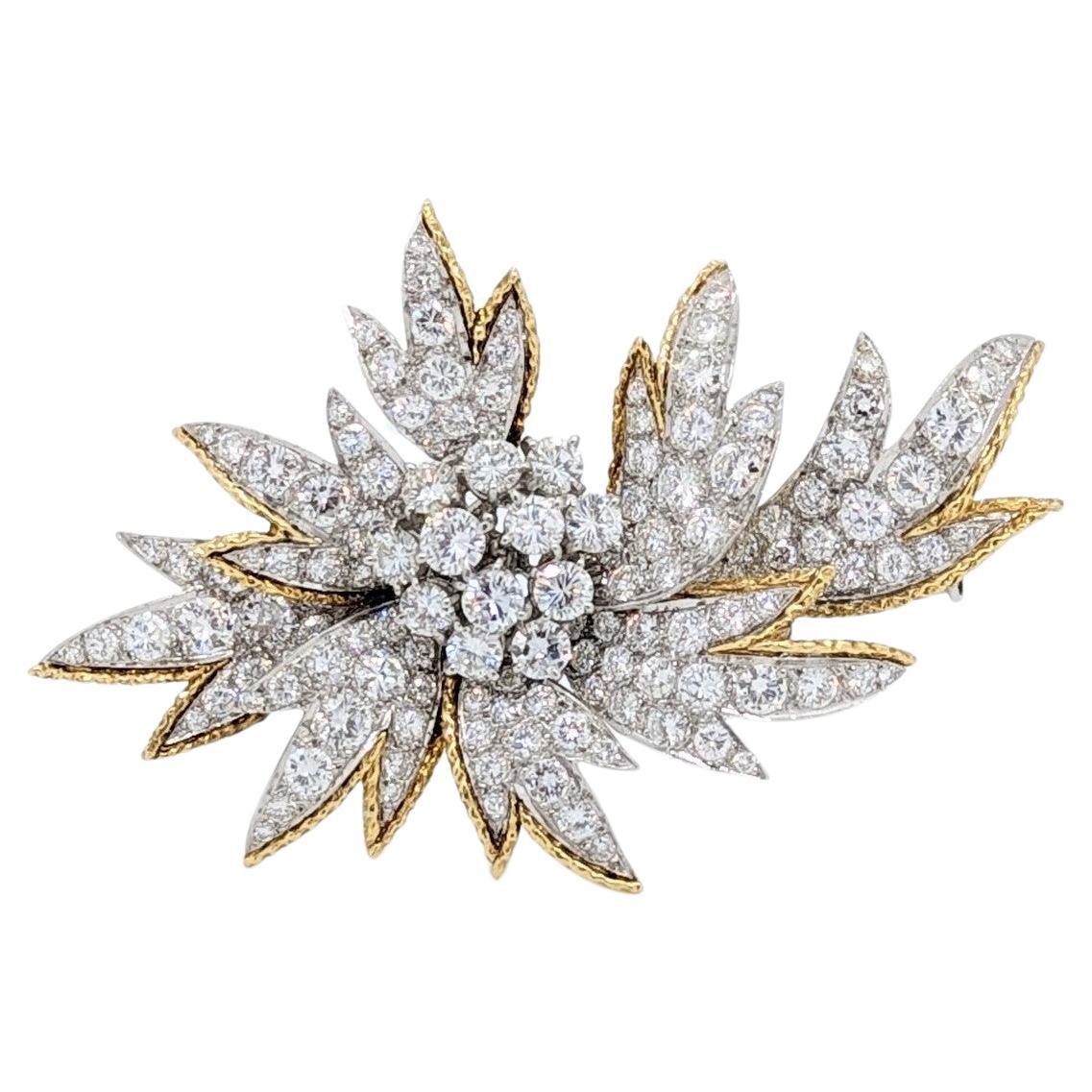 White Diamond Brooch in 18K Yellow Gold & Platinum For Sale