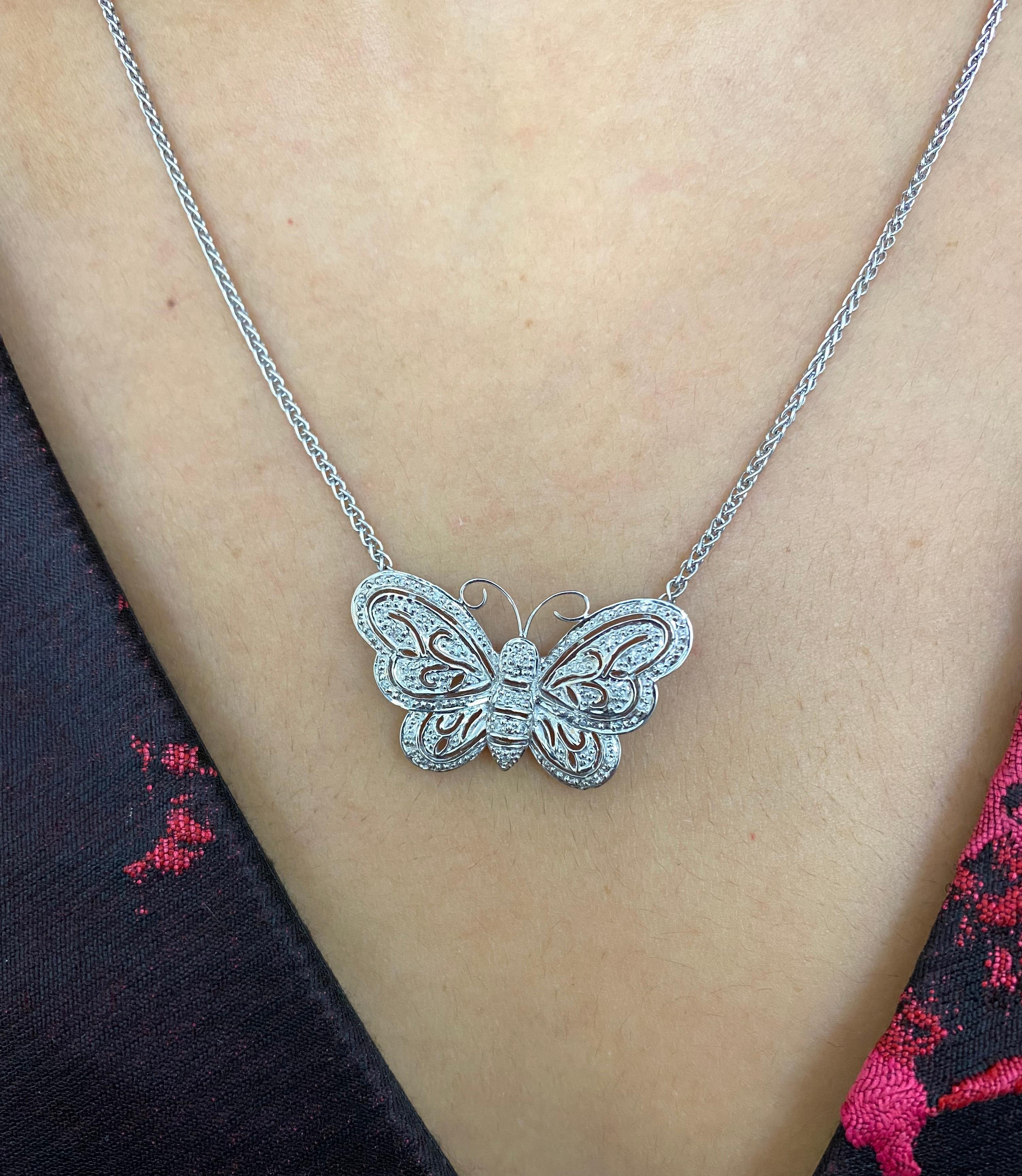 Round Cut White Diamond Butterfly Pendant Necklace 14 Karat Gold Vintage Inspired
