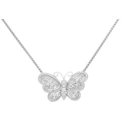 White Diamond Butterfly Pendant Necklace 14 Karat Gold Vintage Inspired