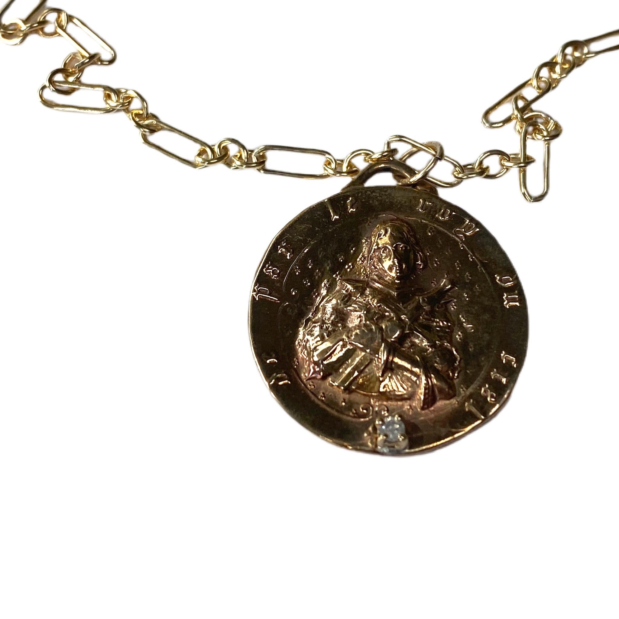 Victorian White Diamond Chain Necklace Medal Coin Pendant Joan of Arc J Dauphin For Sale