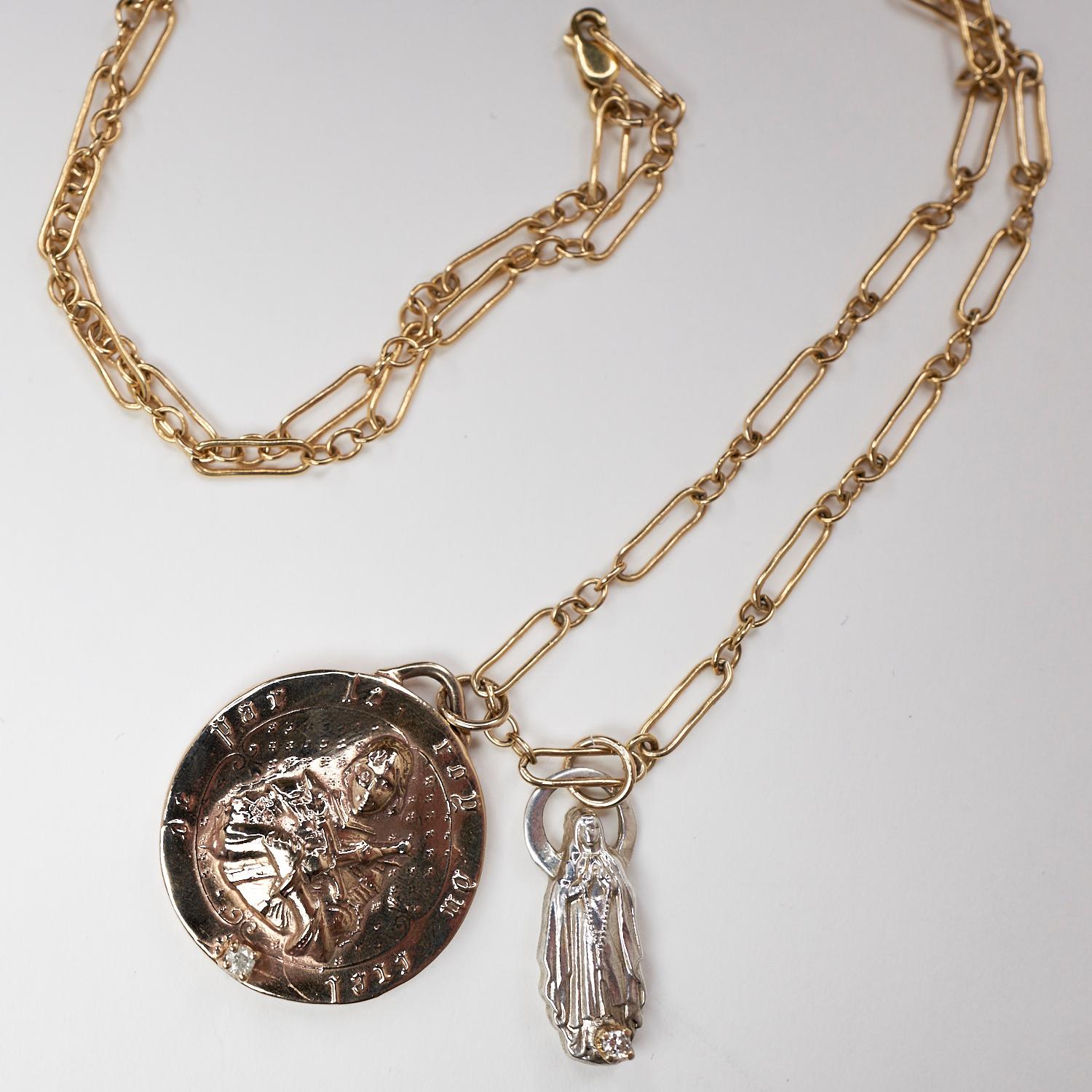 Brilliant Cut White Diamond Chain Necklace Medal Pendant Joan of Arc Virgin Mary J Dauphin For Sale