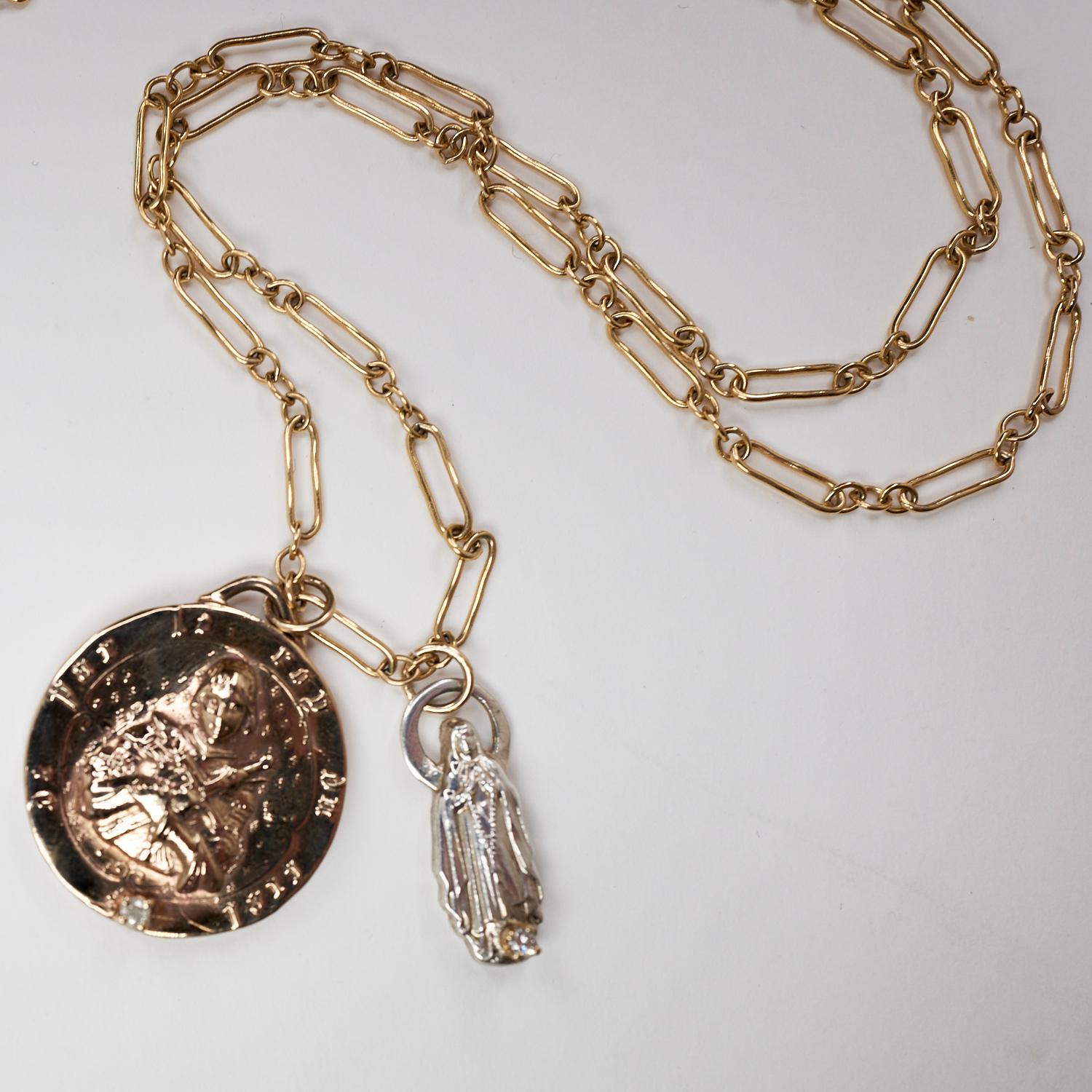 White Diamond Chain Necklace Medal Pendant Joan of Arc Virgin Mary J Dauphin In New Condition For Sale In Los Angeles, CA
