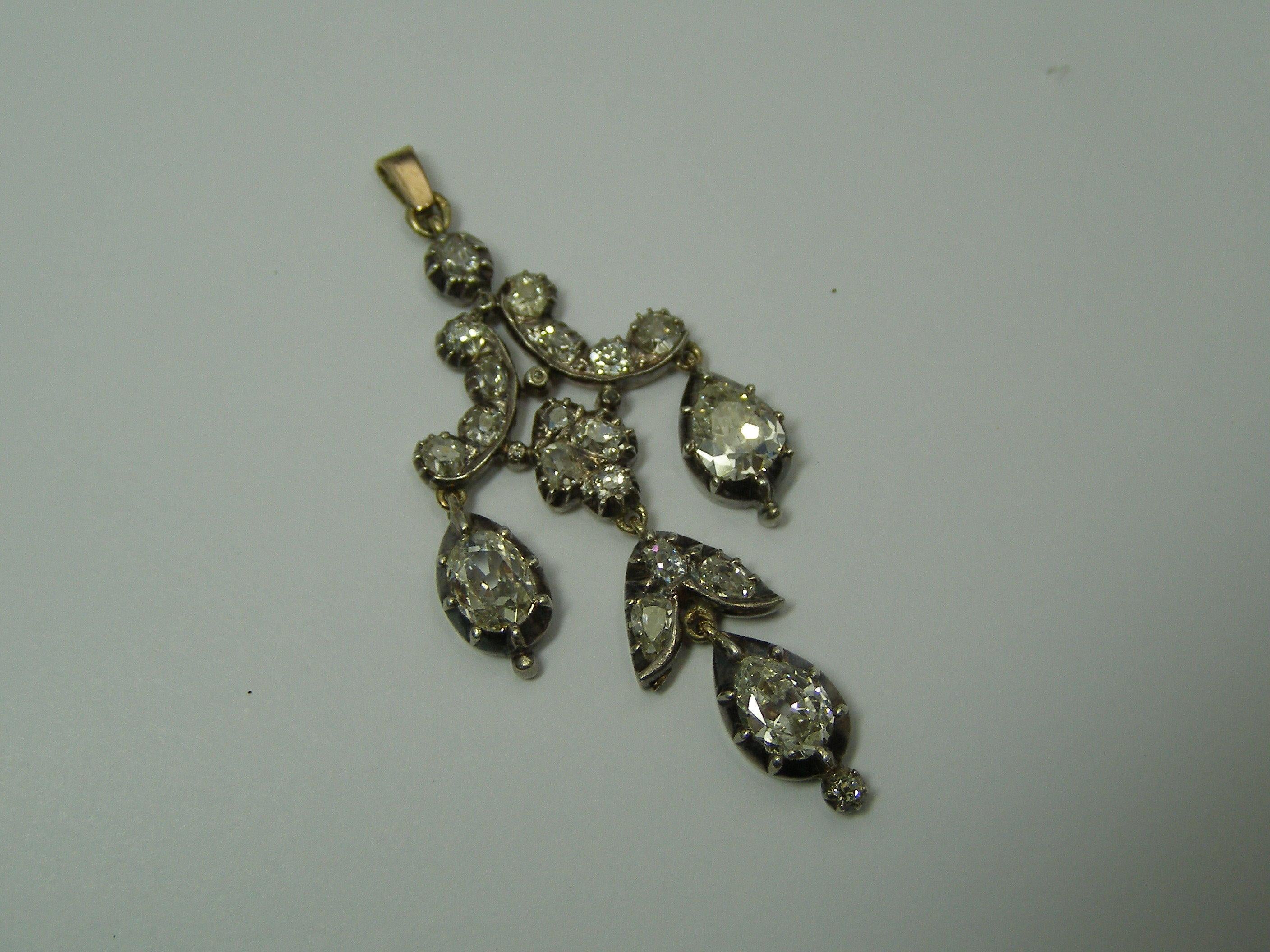 Early Victorian White Diamond Gold Silver Chandelier Drop Earrings Pendant Brooch