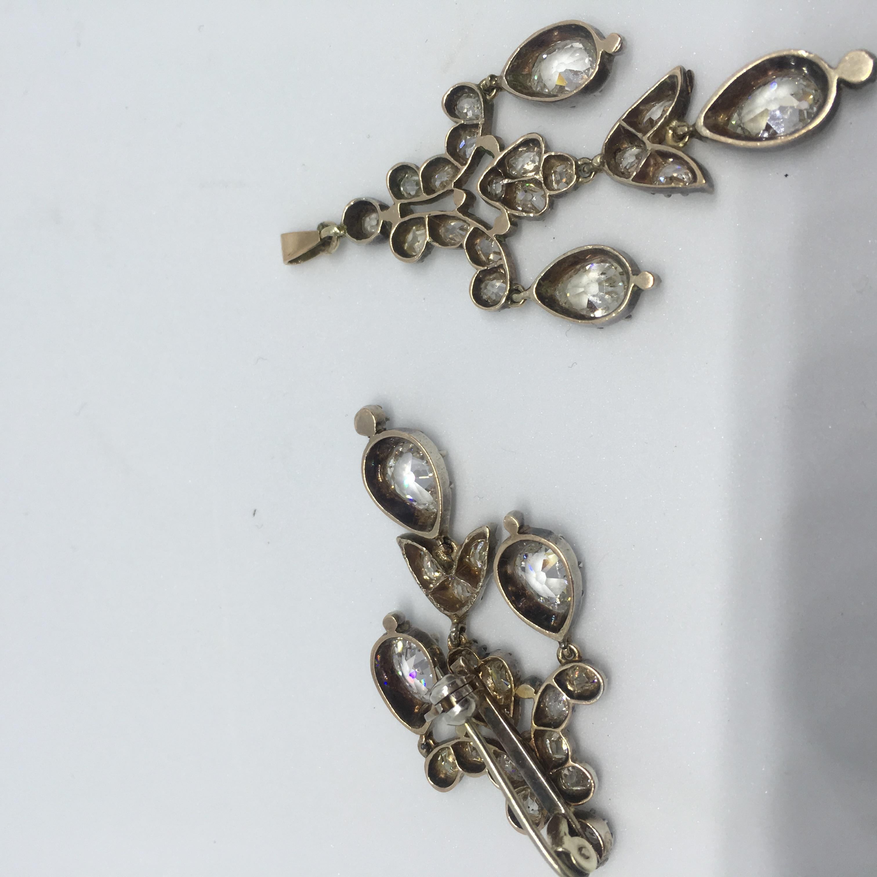 Old Mine Cut White Diamond Gold Silver Chandelier Drop Earrings Pendant Brooch