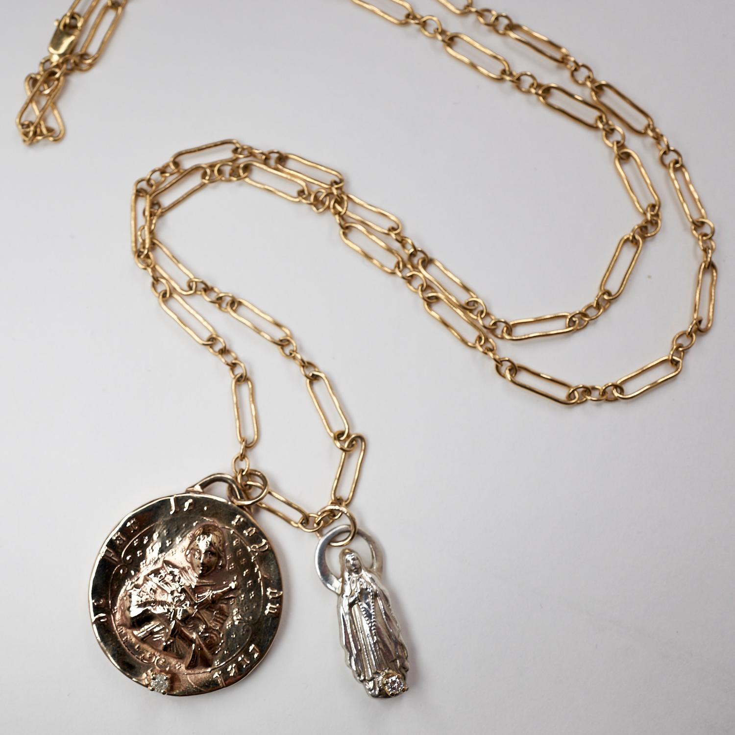 Victorian White Diamond Chunky Chain Necklace Medal Coin Pendant Joan of Arc J Dauphin For Sale