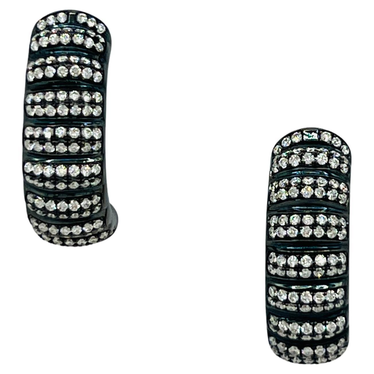 White Diamond Chunky Semi Hoops in 18k White Gold & Black Rhodium For Sale