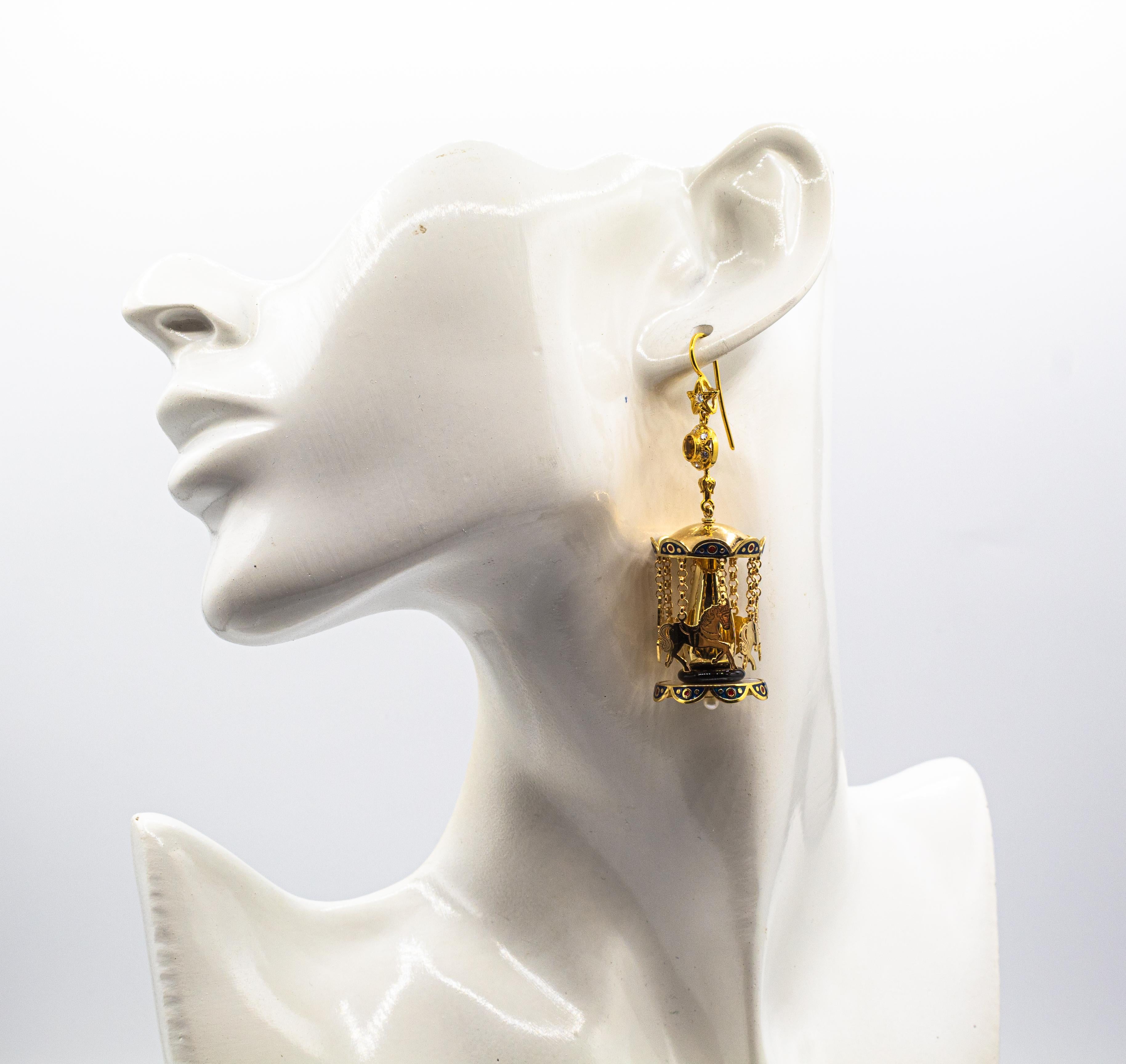 White Diamond Citrine Onyx Pearl Enamel Yellow Gold Stud 