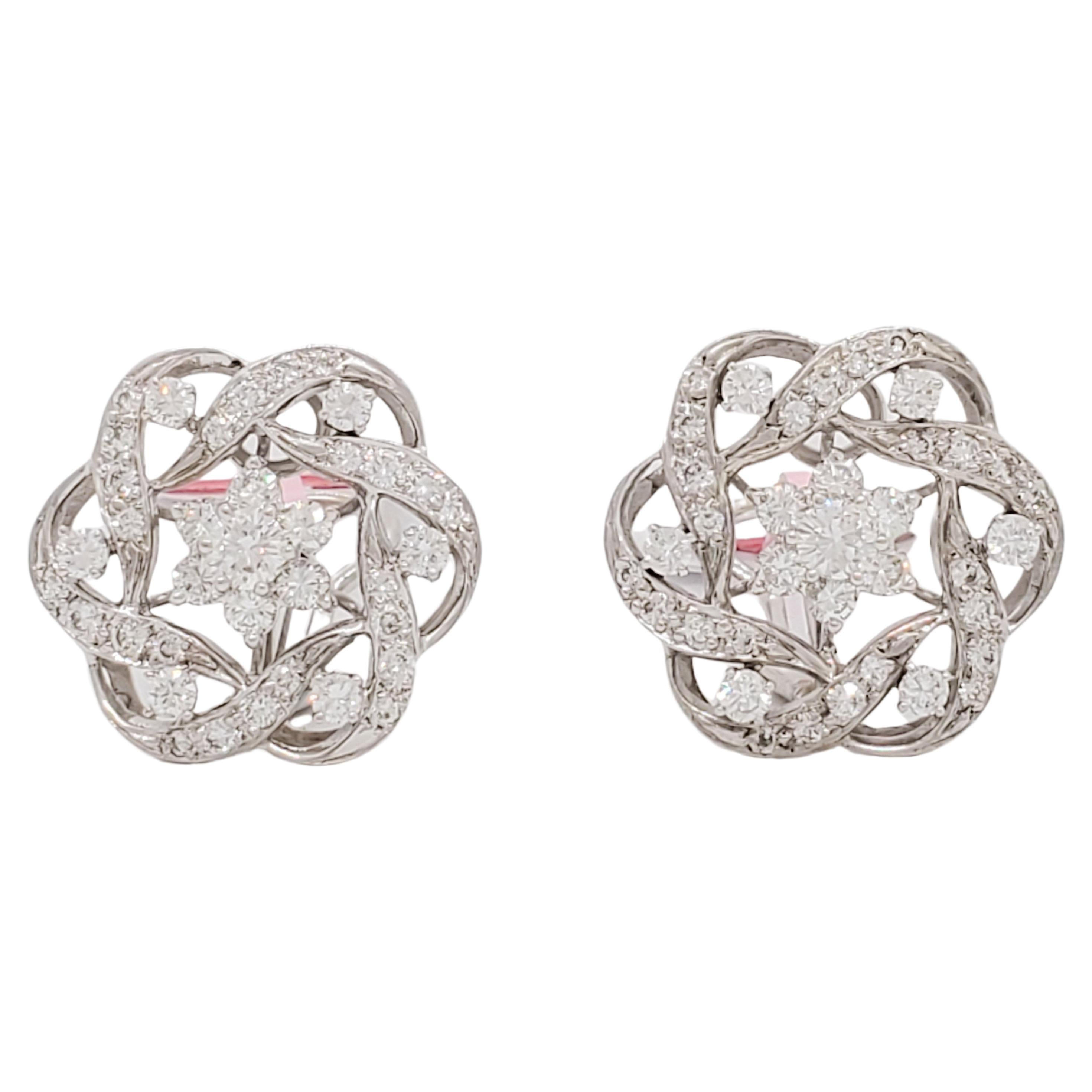 White Diamond Cluster Clip on Earrings in 14k White Gold For Sale
