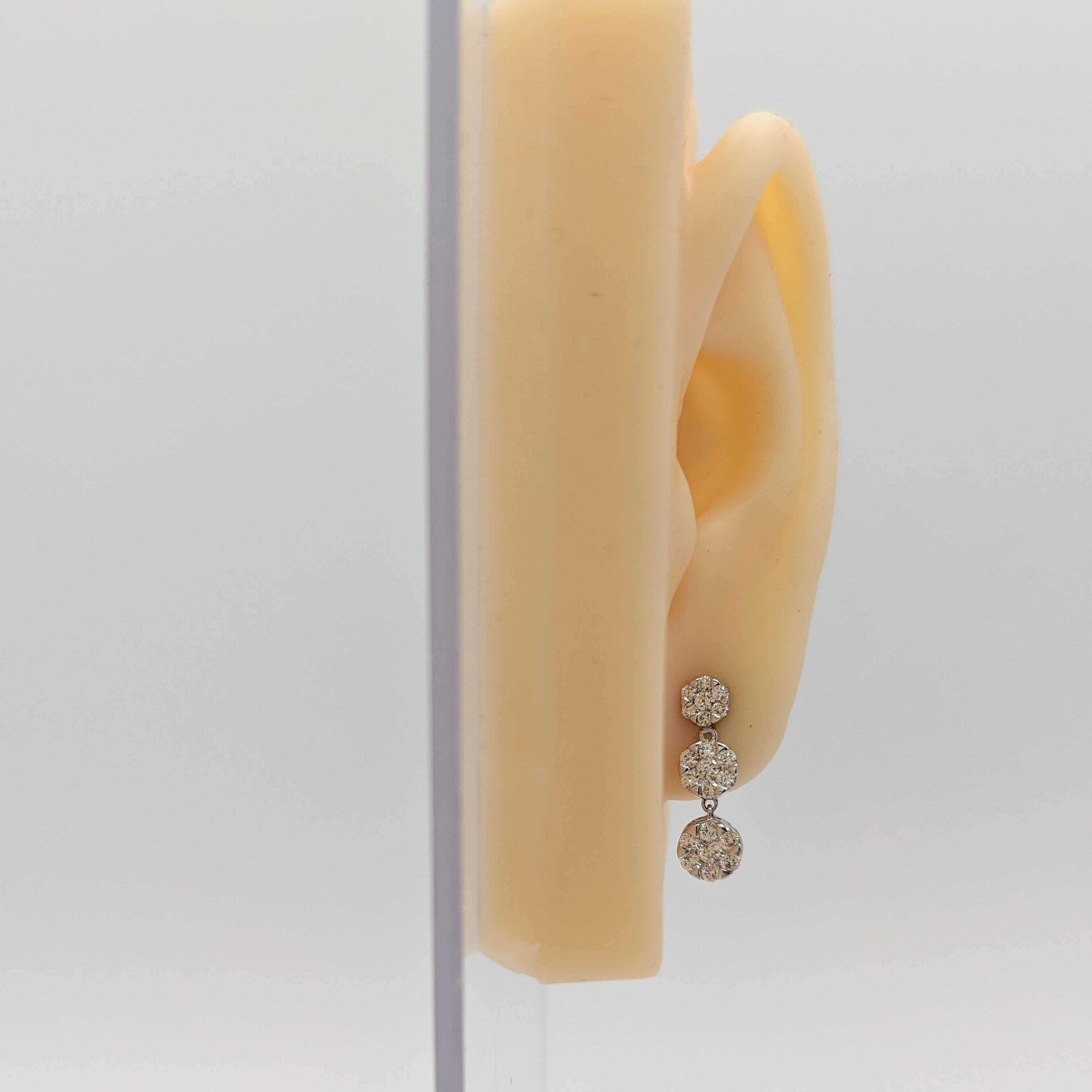 Round Cut White Diamond Cluster Detachable Dangle Earrings in 18k White Gold For Sale