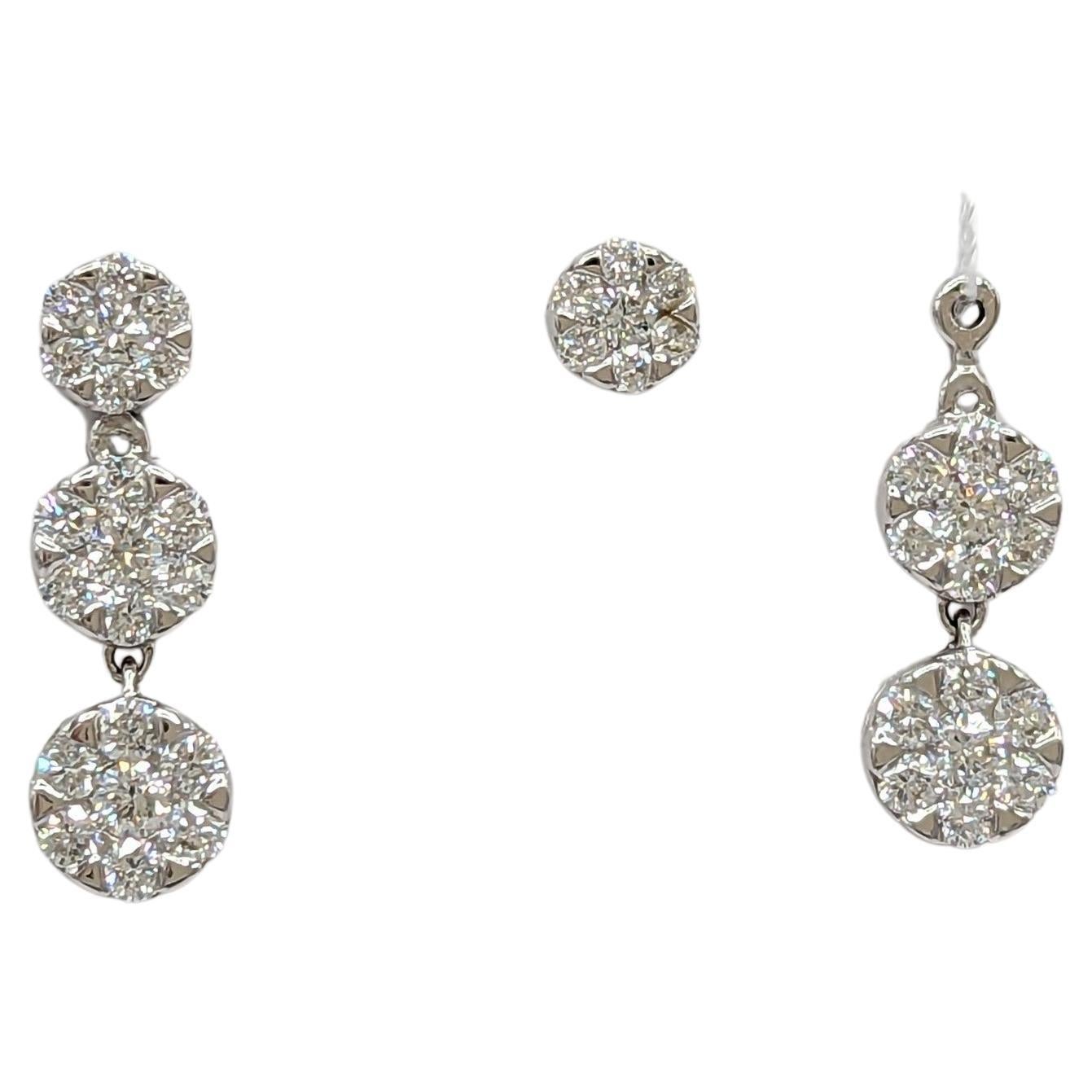 White Diamond Cluster Detachable Dangle Earrings in 18k White Gold For Sale