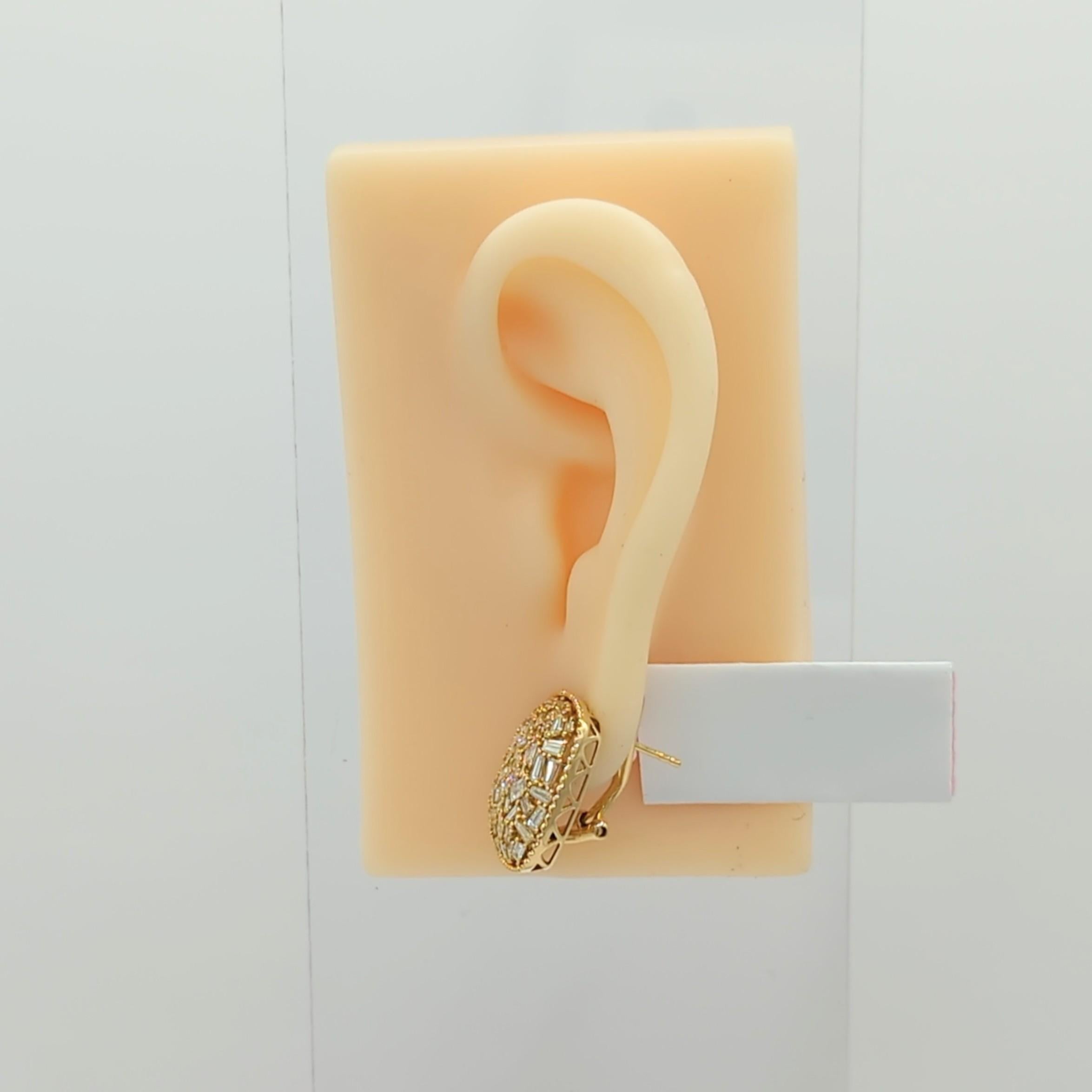 Baguette Cut White Diamond Cluster Earrings in 18K Yellow Gold For Sale