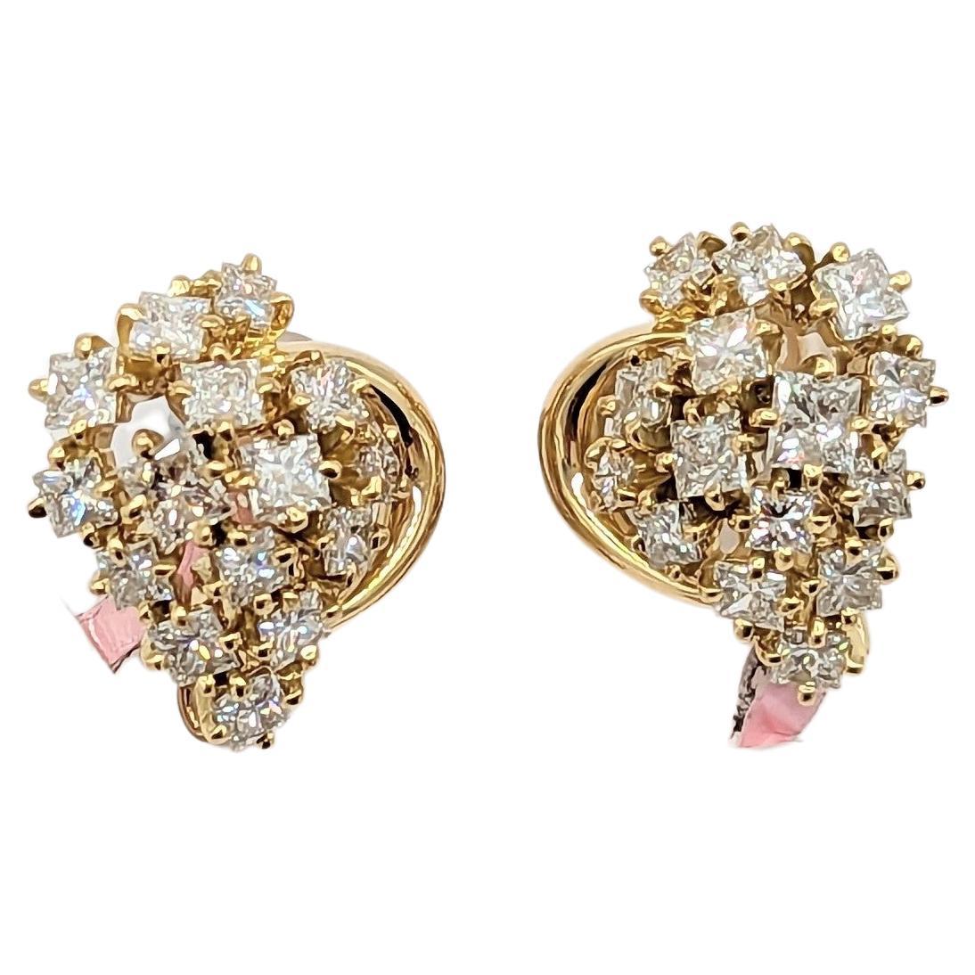 White Diamond Cluster Earrings in 18K Yellow Gold For Sale