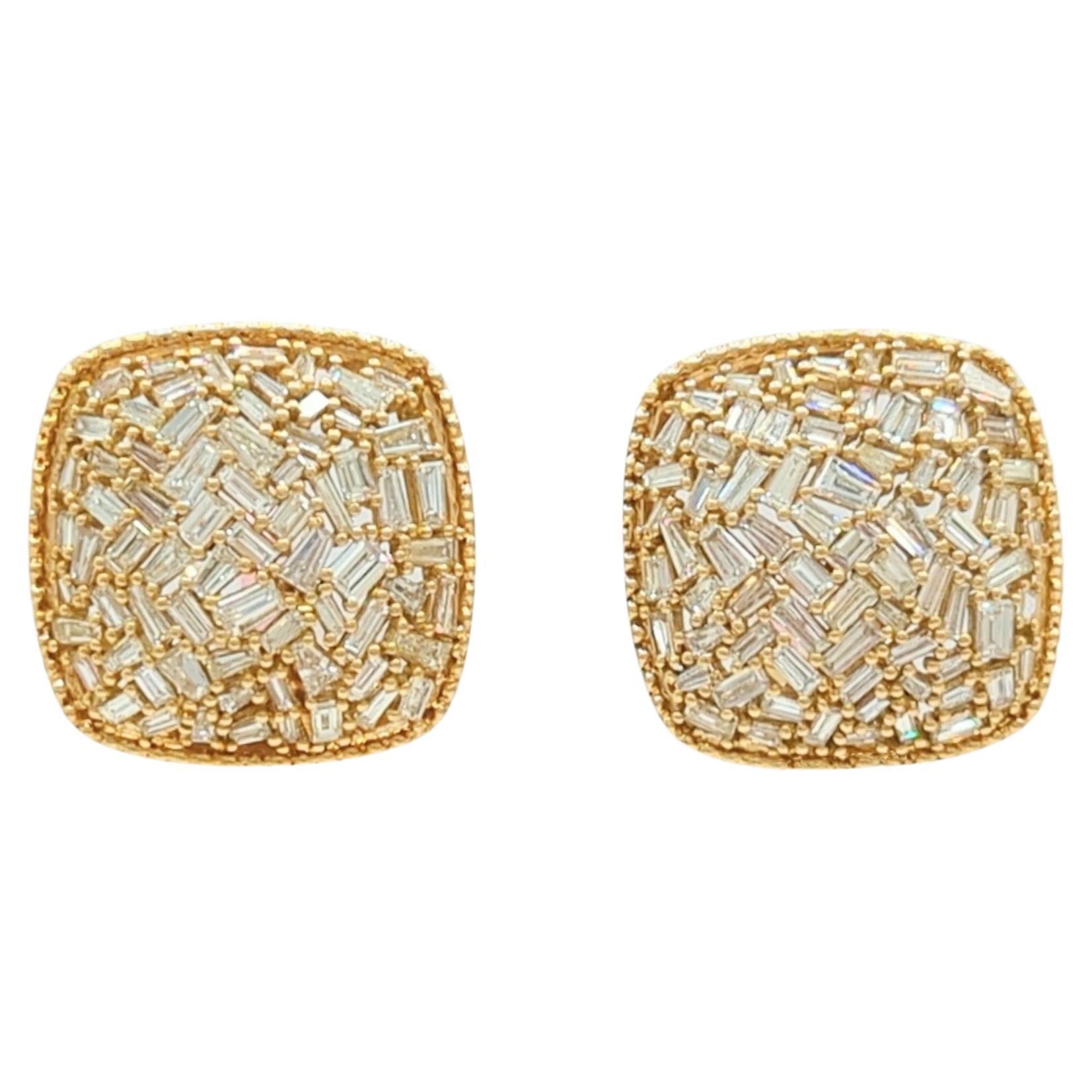 White Diamond Cluster Earrings in 18K Yellow Gold For Sale