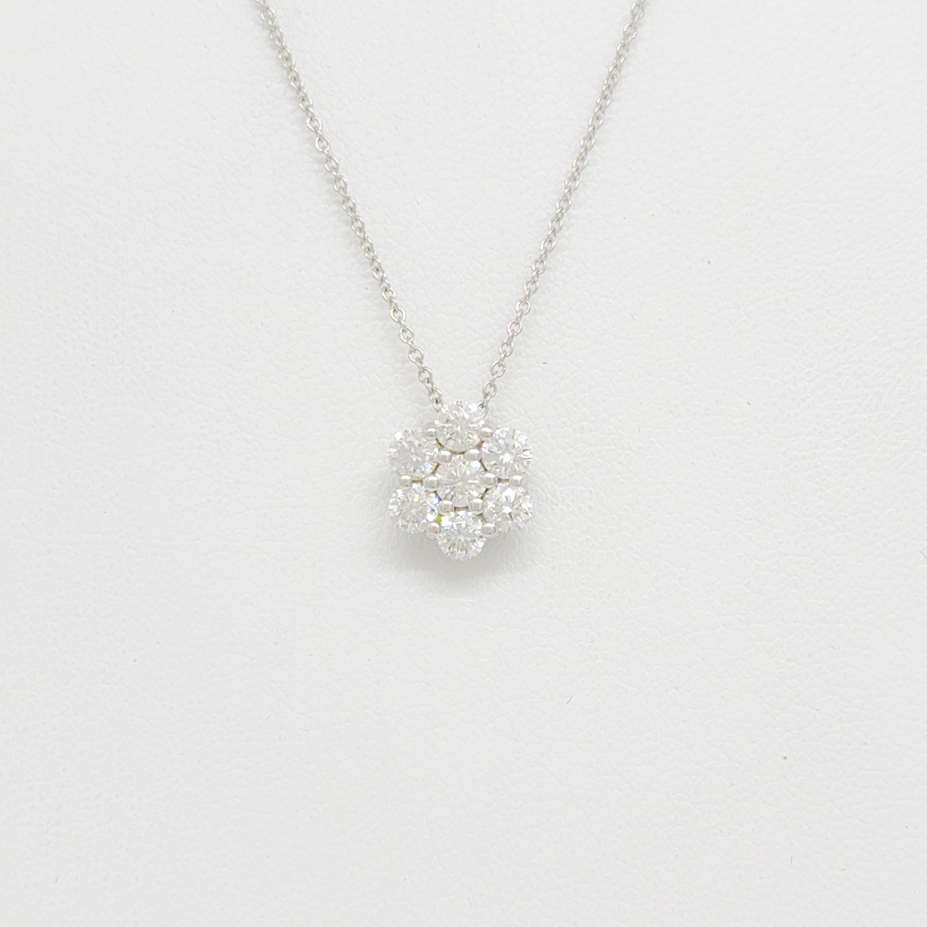 Beautiful 1.00 ct. white diamond flower cluster pendant handmade in 14k white gold.  Length is 18