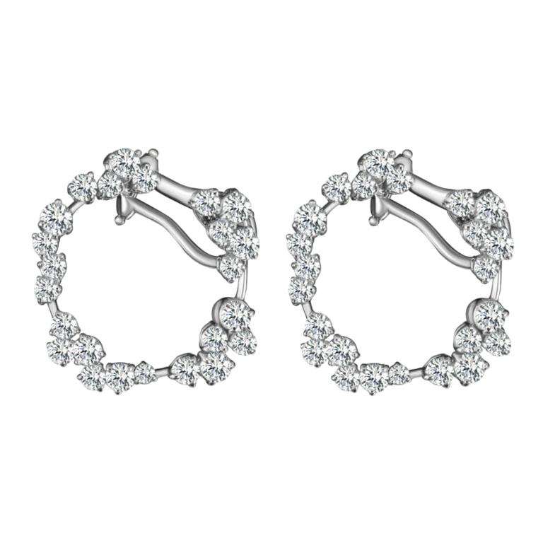 White Diamond Cluster Hoop Earrings with Round Diamonds For Sale