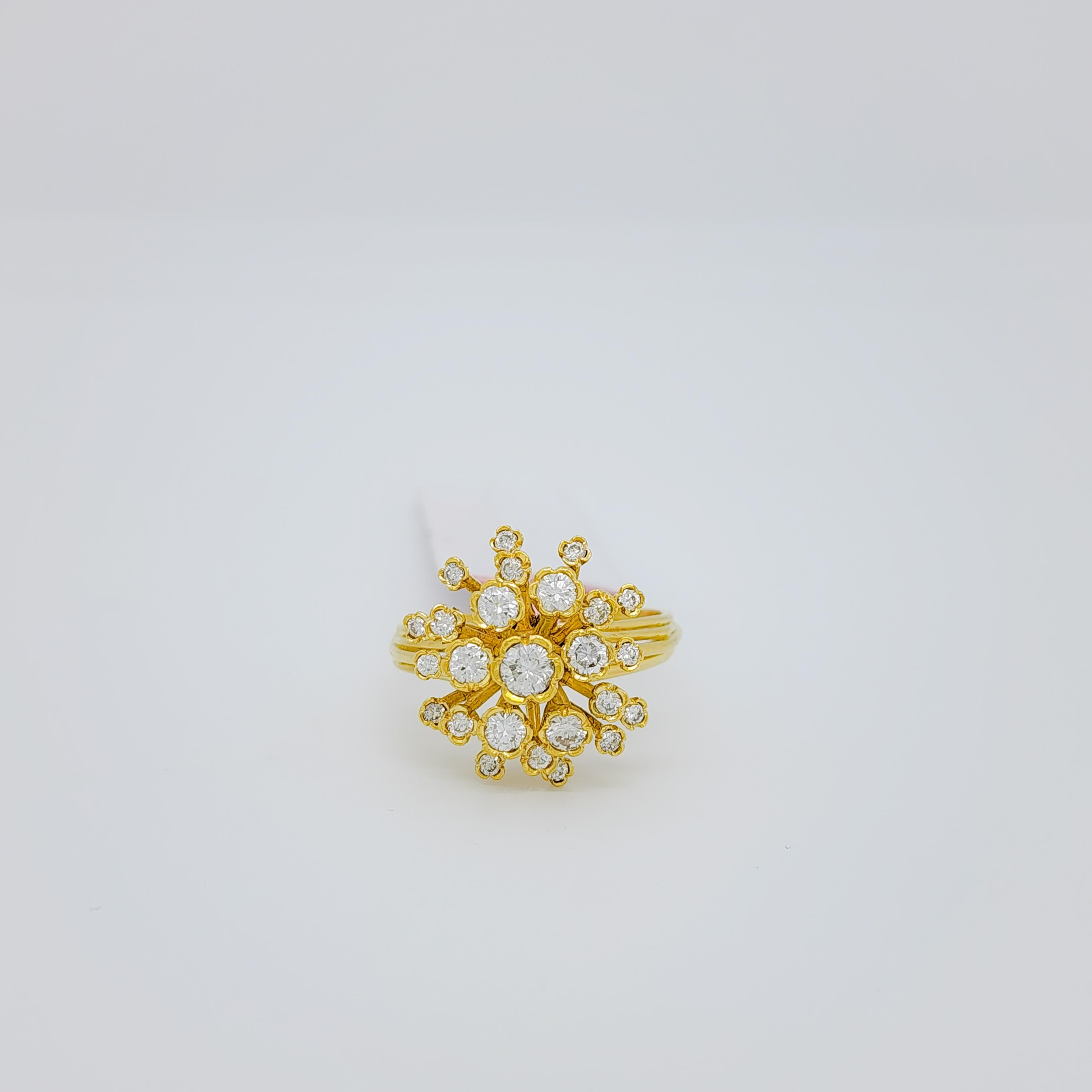 Round Cut White Diamond Cluster Ring in 14k Yellow Gold For Sale