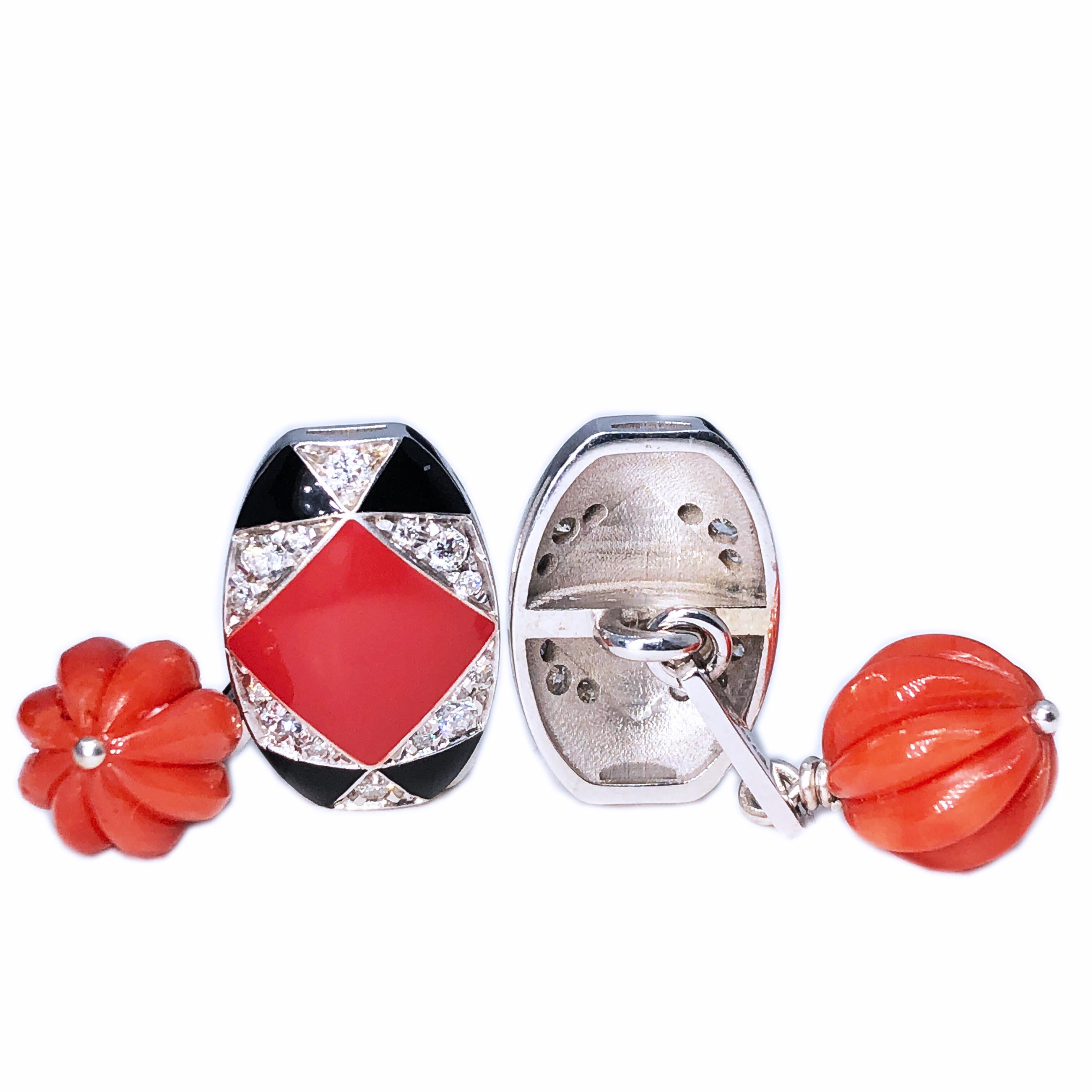 One-of-a-kind, Unique, Chic Cufflinks featuring 0.32Kt Top Quality White Diamond in an Onyx and Coral-Red Hand Enameled White Gold Setting. A small, hand carved ball back complete this awesome piece.
In our smart Tobacco Suede Leather Case and Pouch.