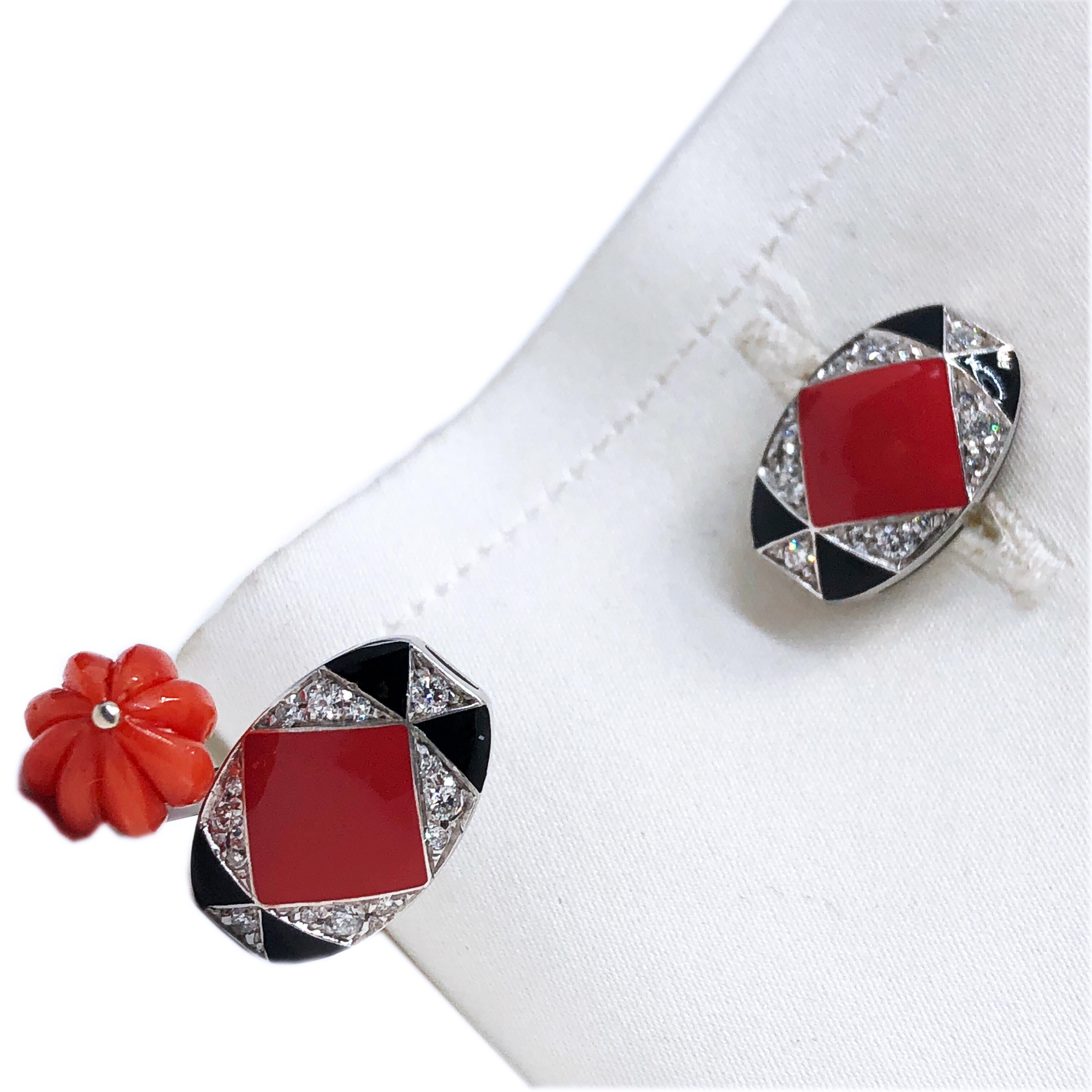 Contemporary Berca Diamond Black Red Enamel Hand Inlaid Hand-Carved Ball Back Cufflinks