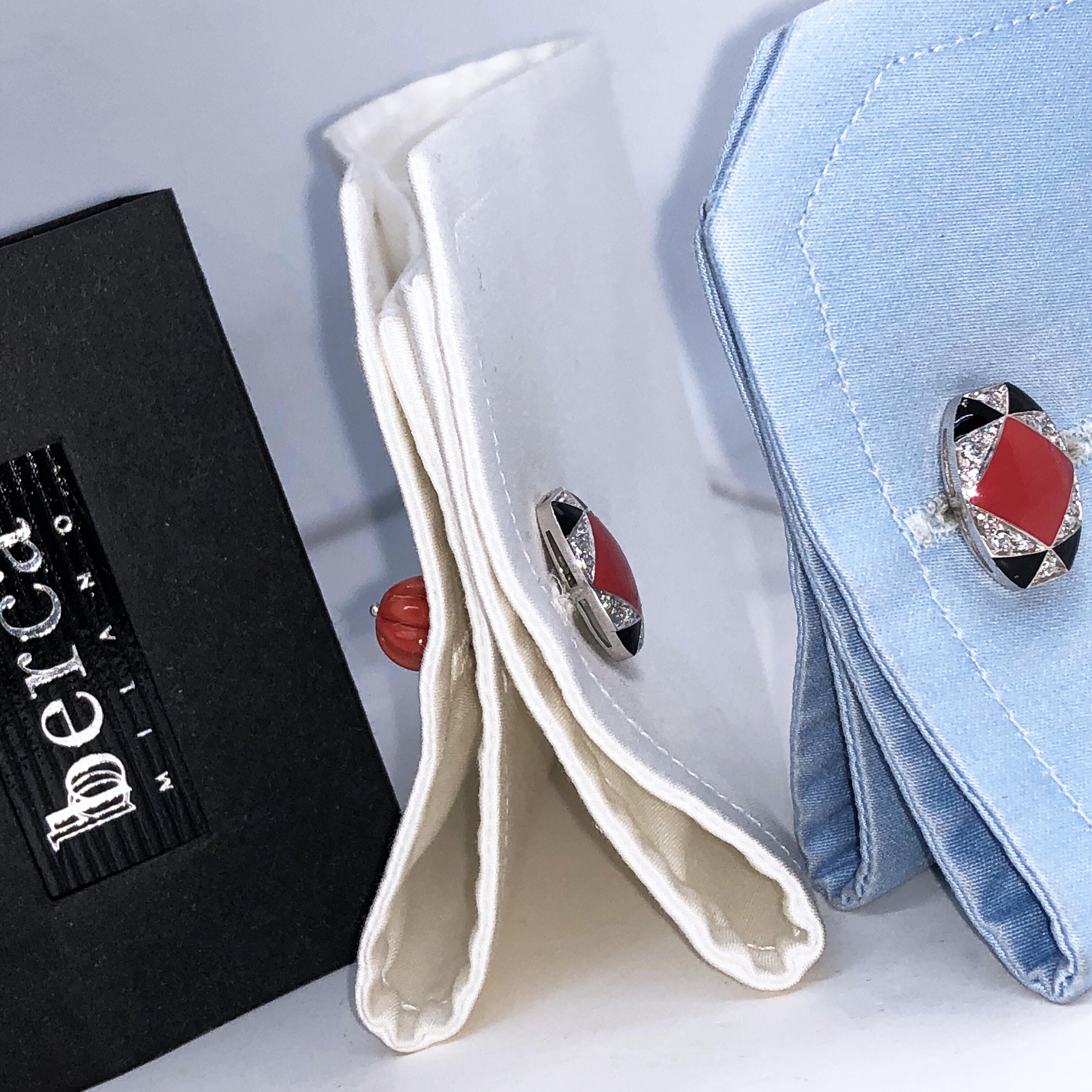 Brilliant Cut Berca Diamond Black Red Enamel Hand Inlaid Hand-Carved Ball Back Cufflinks