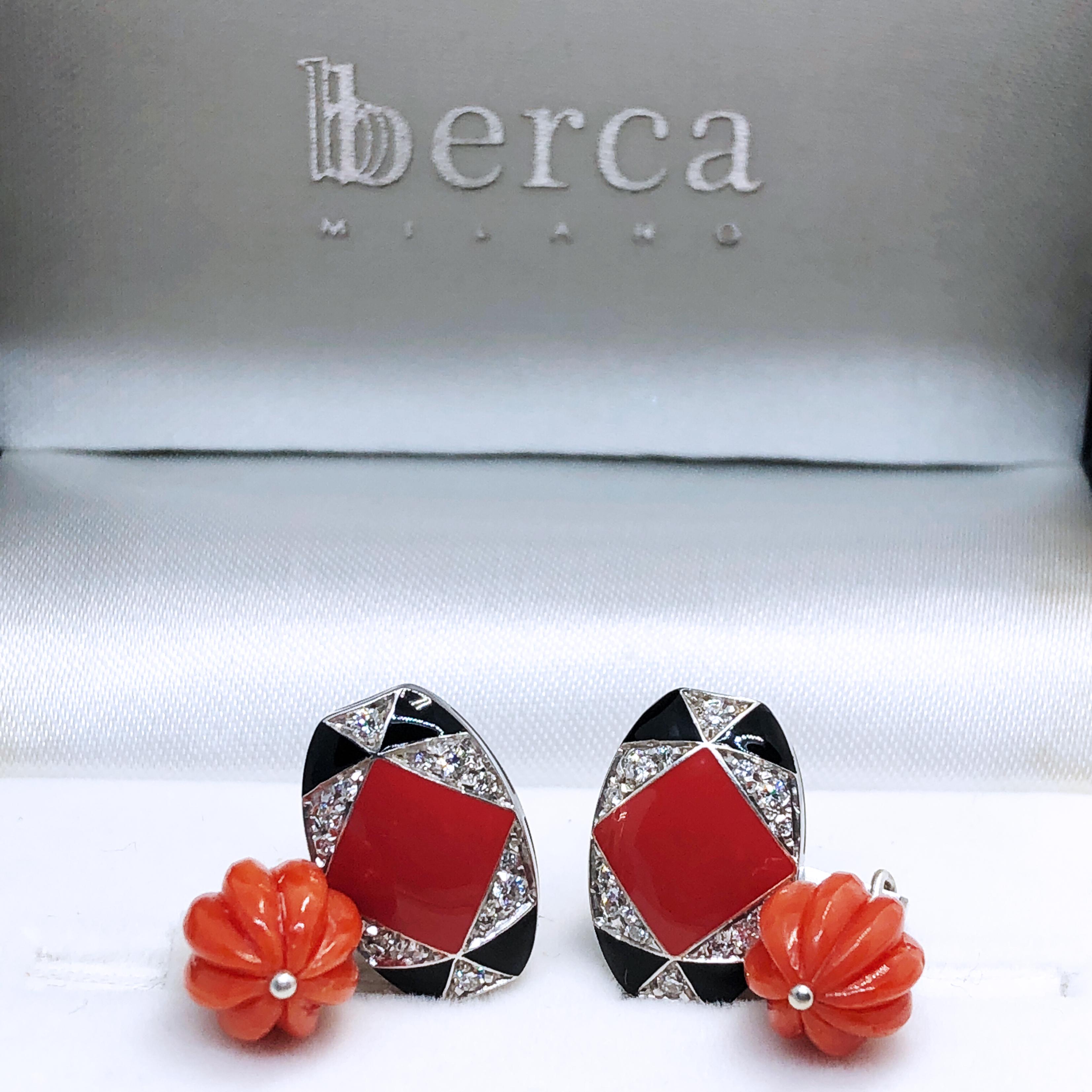 Berca Diamond Black Red Enamel Hand Inlaid Hand-Carved Ball Back Cufflinks In New Condition In Valenza, IT