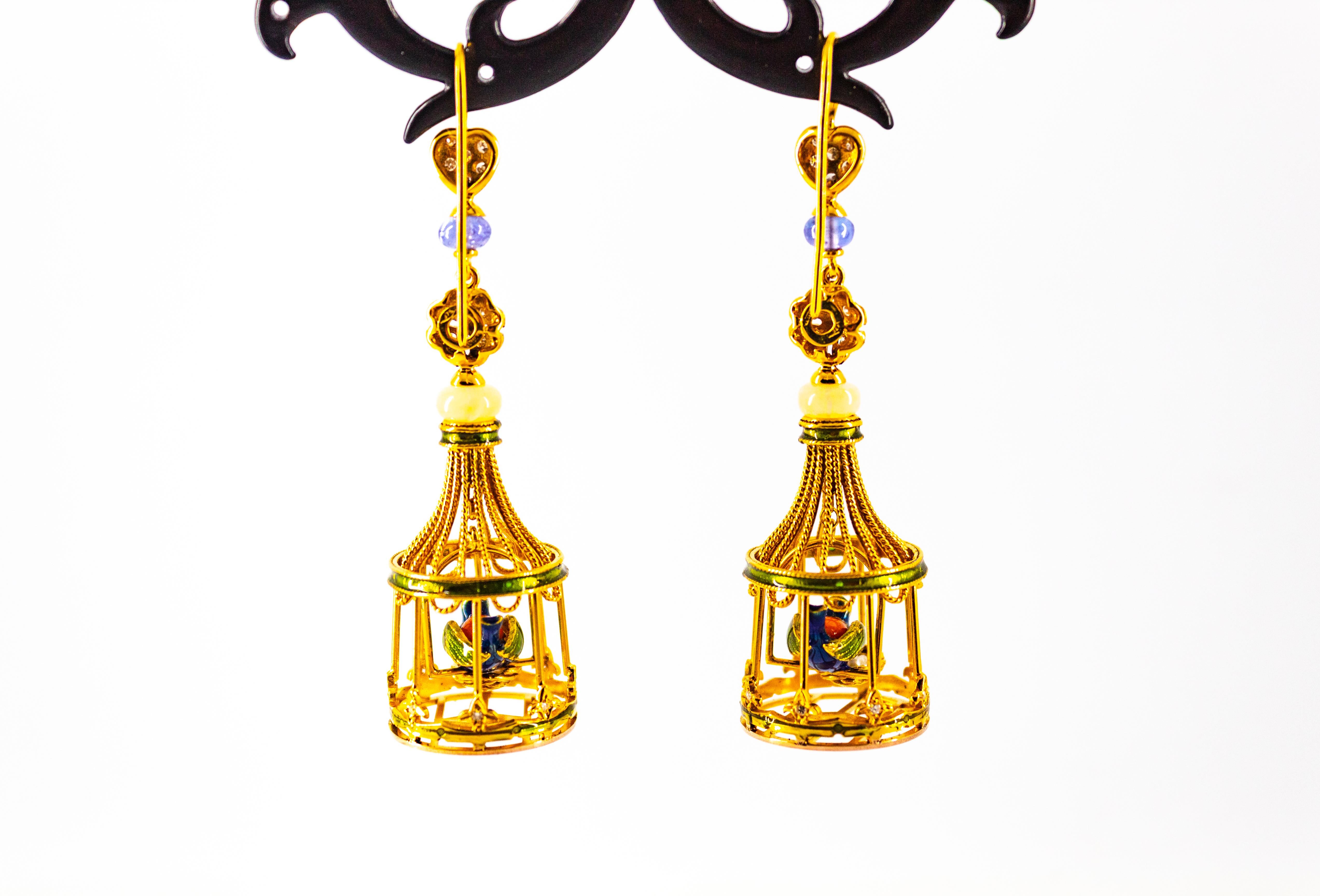 White Diamond Coral Pearl Tanzanite Opal Enamel Yellow Gold Birdcage Earrings For Sale 5