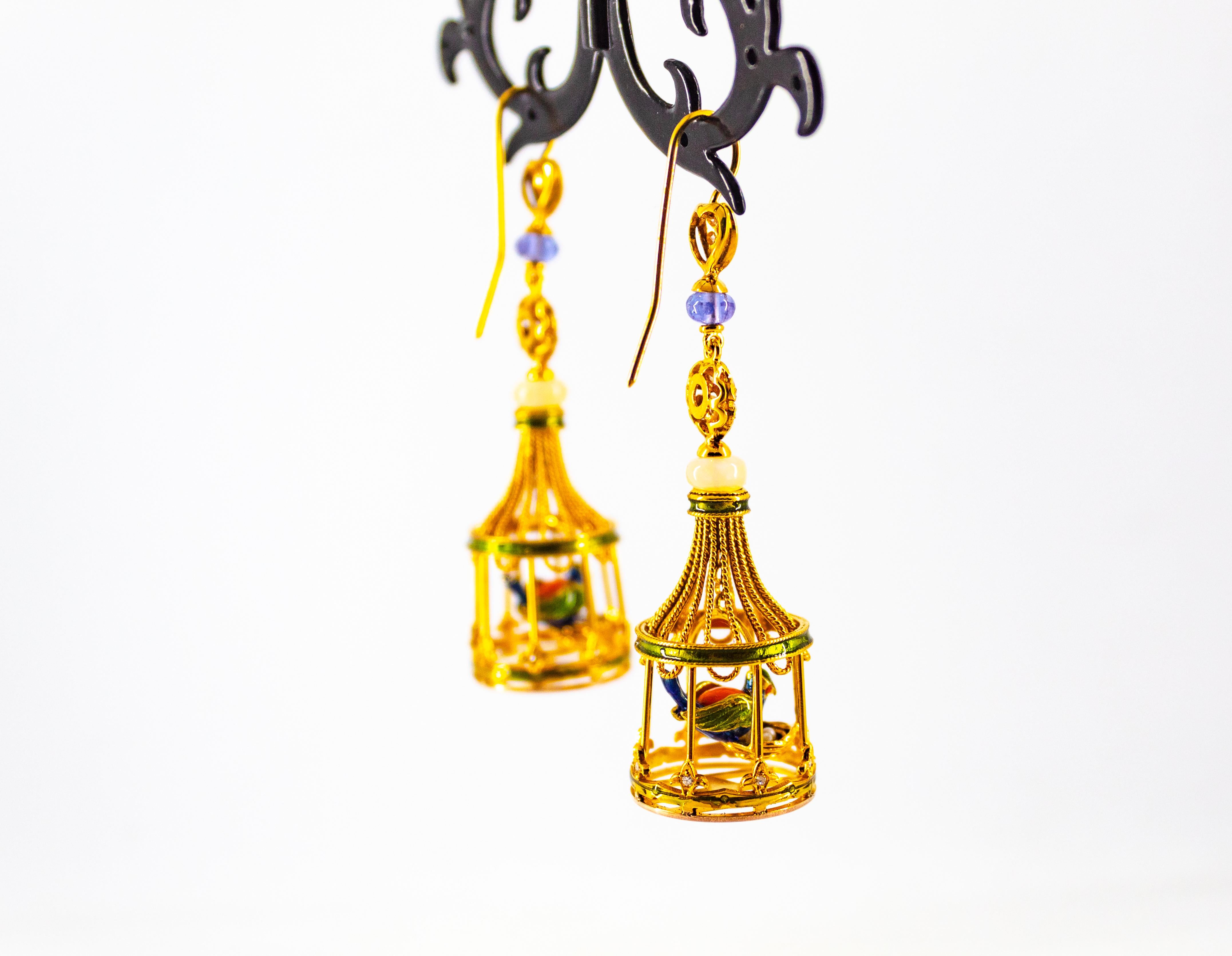 White Diamond Coral Pearl Tanzanite Opal Enamel Yellow Gold Birdcage Earrings For Sale 6