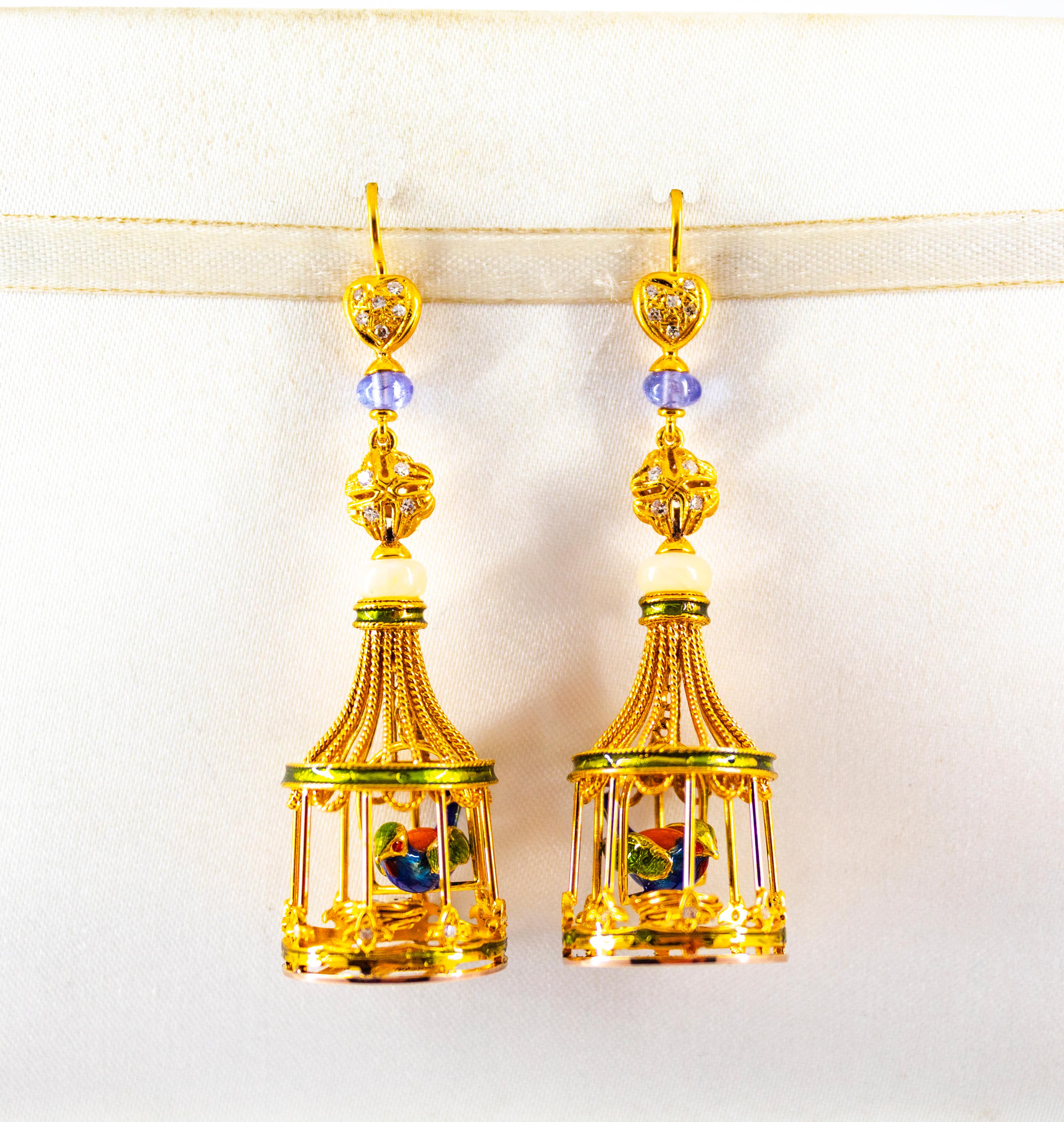 Art Nouveau White Diamond Coral Pearl Tanzanite Opal Enamel Yellow Gold Birdcage Earrings For Sale