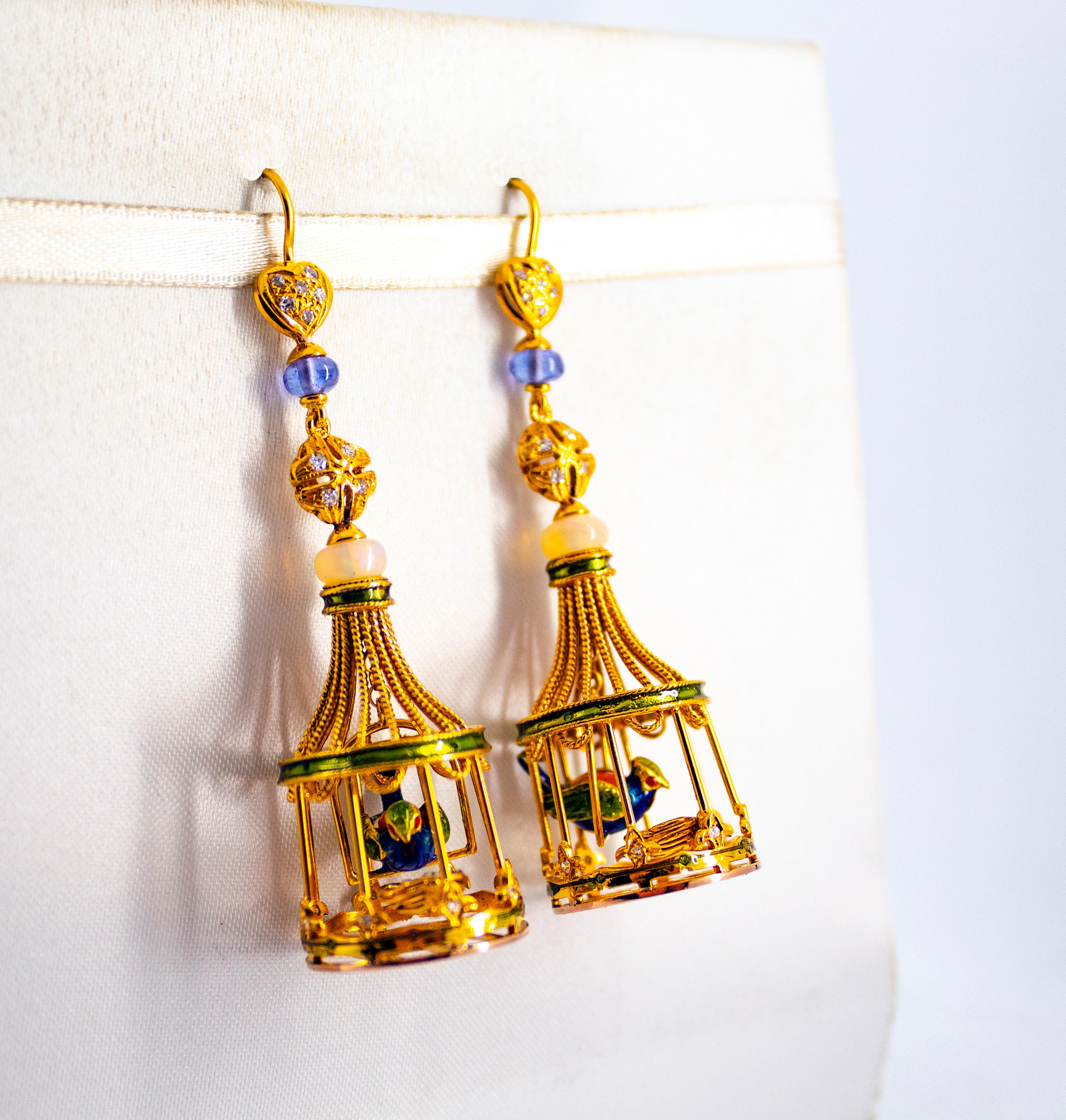 White Diamond Coral Pearl Tanzanite Opal Enamel Yellow Gold Birdcage Earrings In New Condition For Sale In Naples, IT