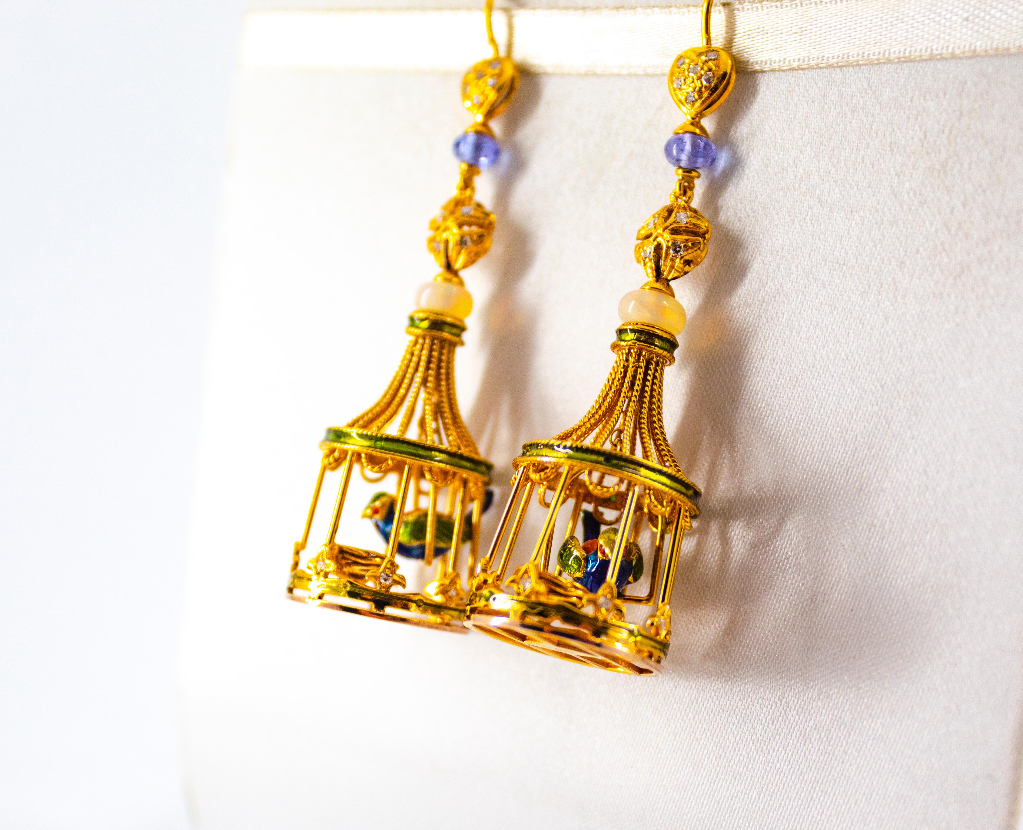 White Diamond Coral Pearl Tanzanite Opal Enamel Yellow Gold Birdcage Earrings For Sale 1