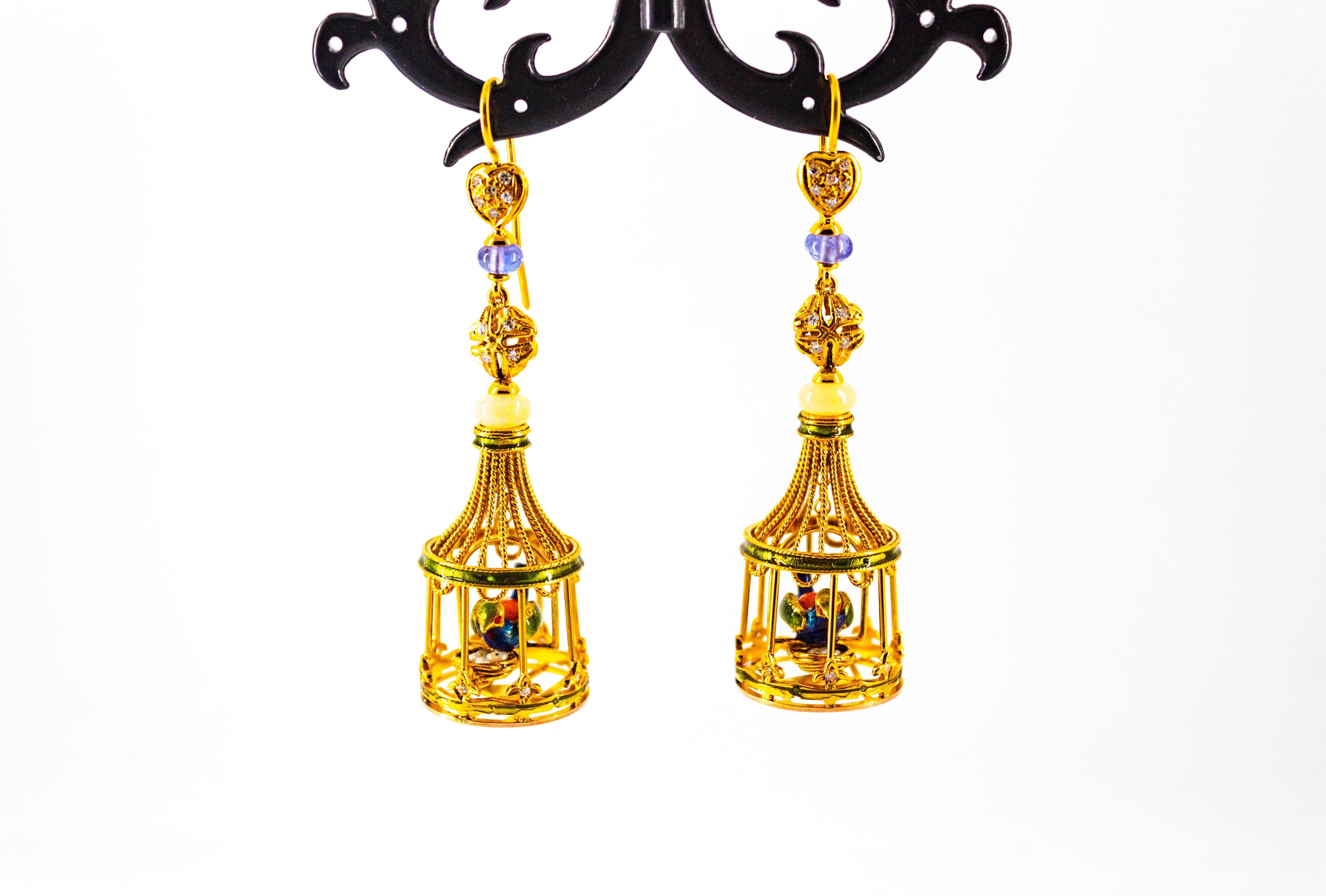 White Diamond Coral Pearl Tanzanite Opal Enamel Yellow Gold Birdcage Earrings For Sale 3