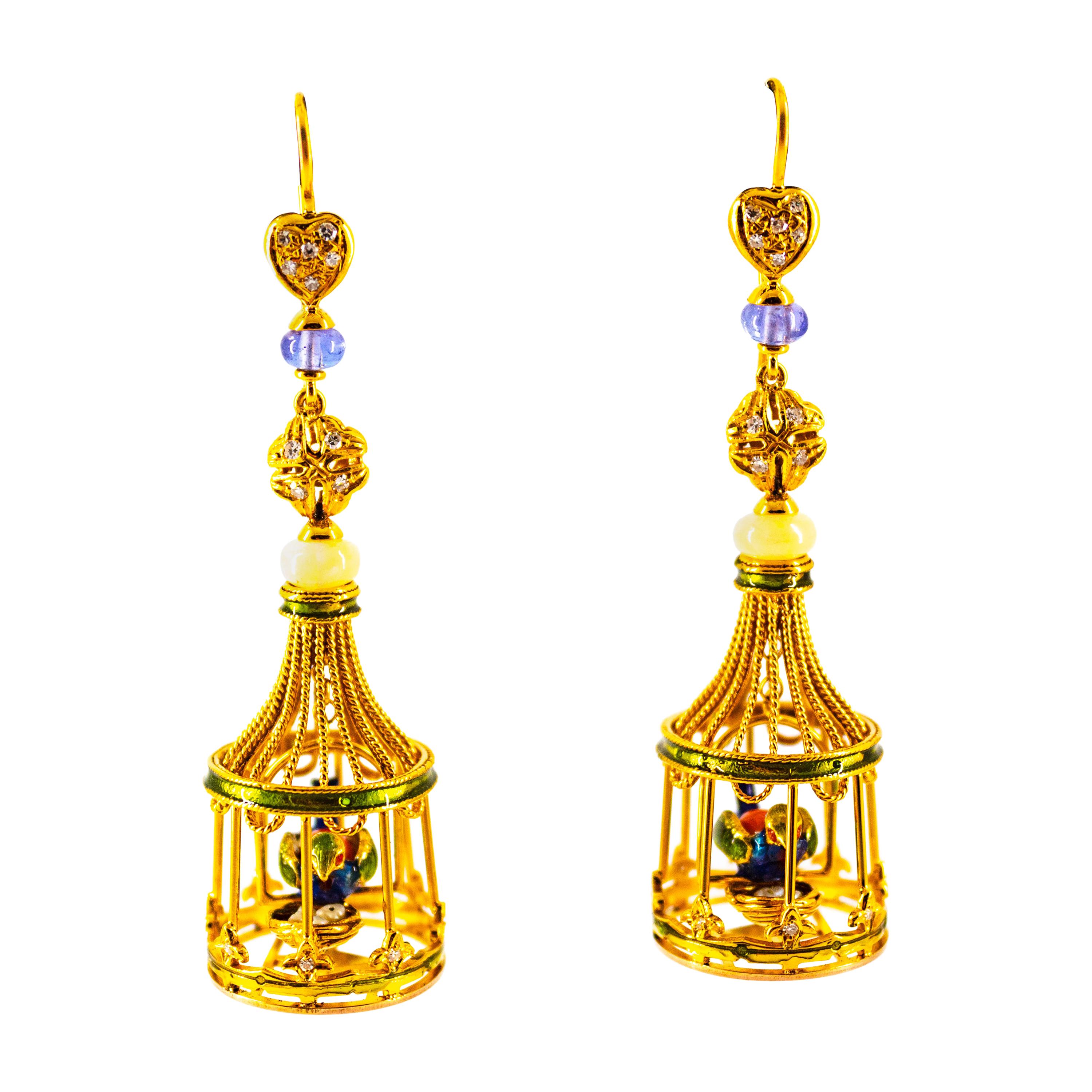 Vogelkäfig-Ohrringe aus Gelbgold mit weißen Diamanten, Korallen, Perlen, Tansanit, Opal und Emaille