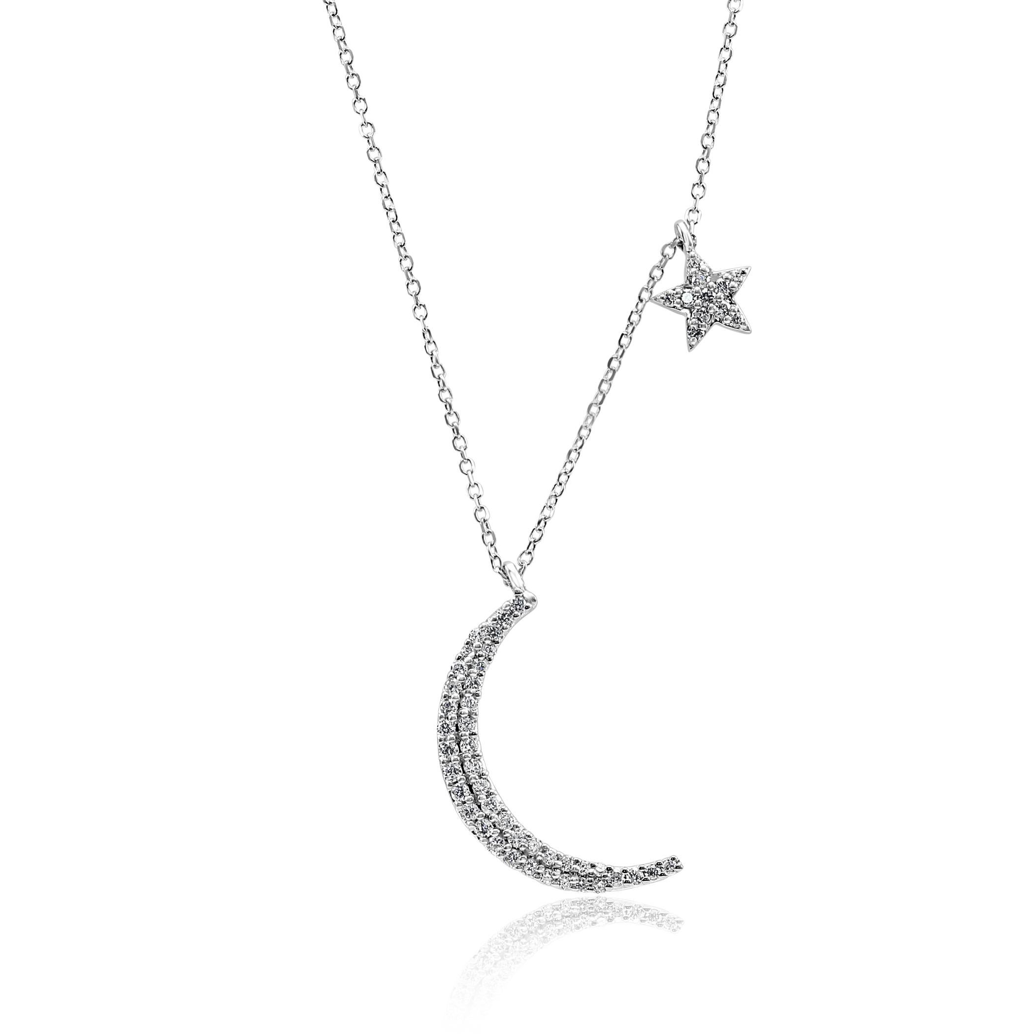Stunning Crescent Moon and Star style 14K White Gold Pendant Necklace with 52 White G-H Color SI Clarity Round Diamonds 0.33 Carat. Beautifully styled perfect for all days .

Total Diamond Weight. 

Style available in all Gold Colors and different