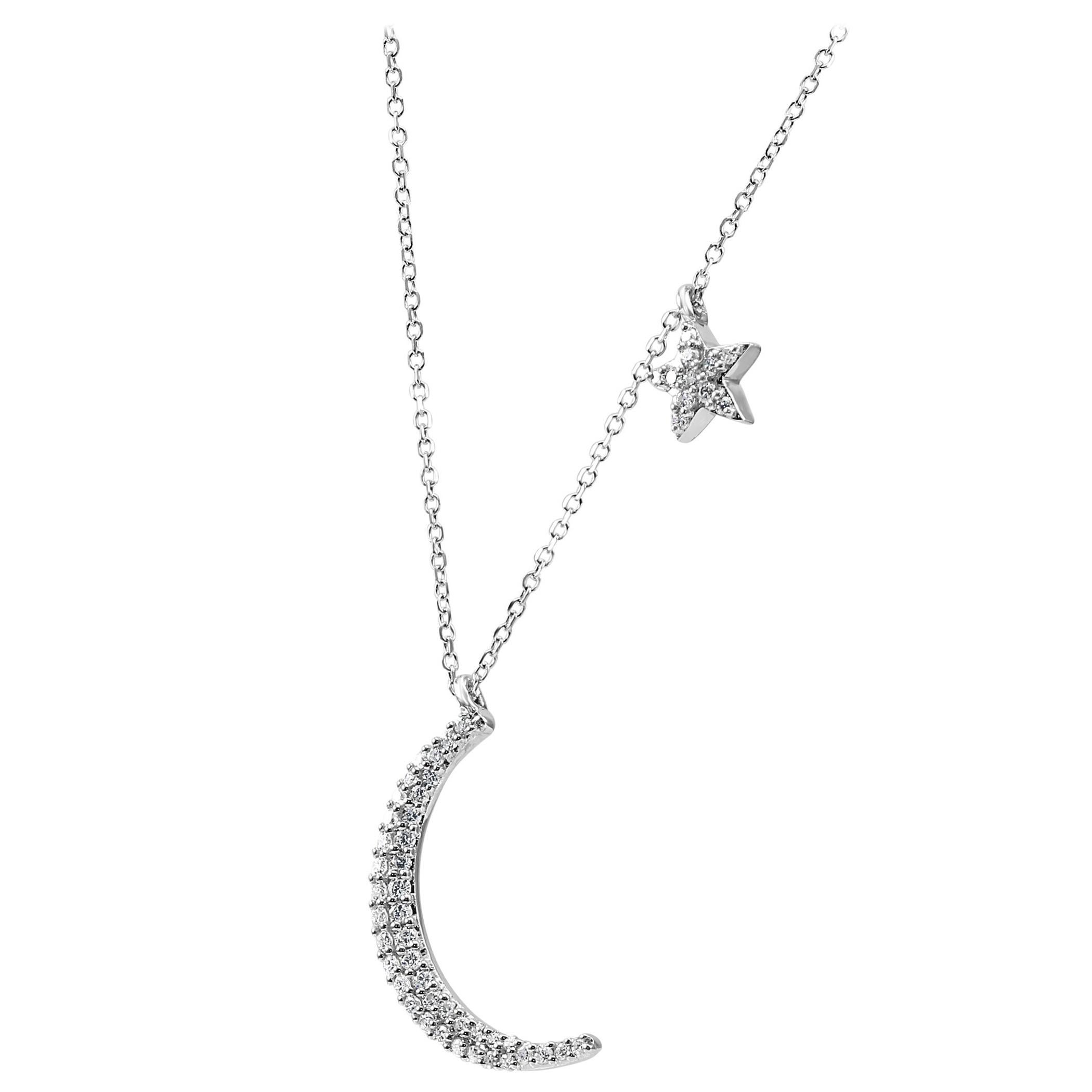 White Diamond Crescent Moon and Star White Gold Fashion Drop Pendant Necklace