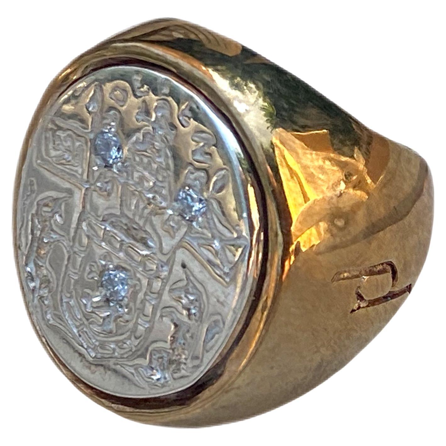 White Diamond Crest Ring Signet Style Gold For Sale