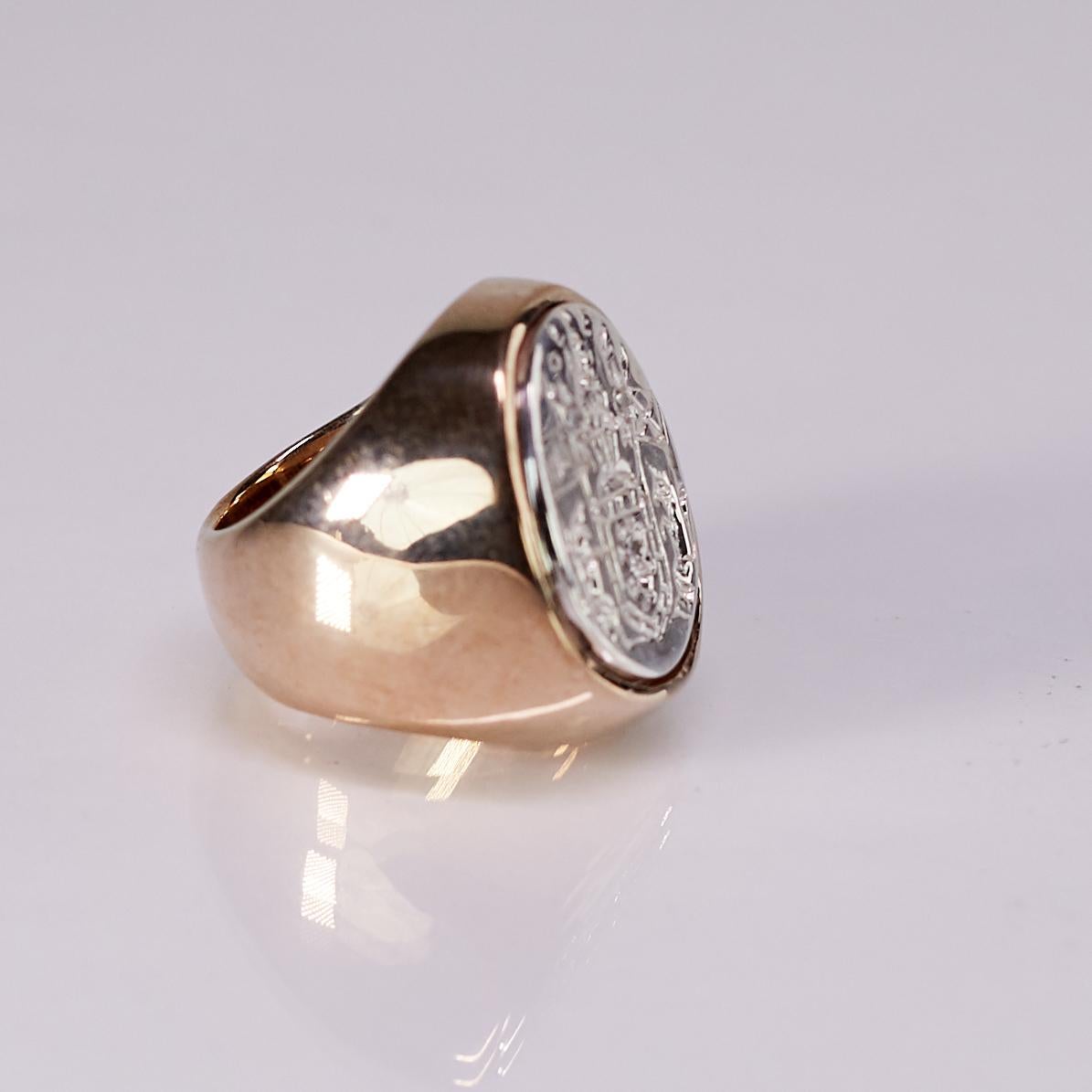 Victorian White Diamond Crest Signet Ring 14 Karat Yellow Gold White Gold Unisex For Sale
