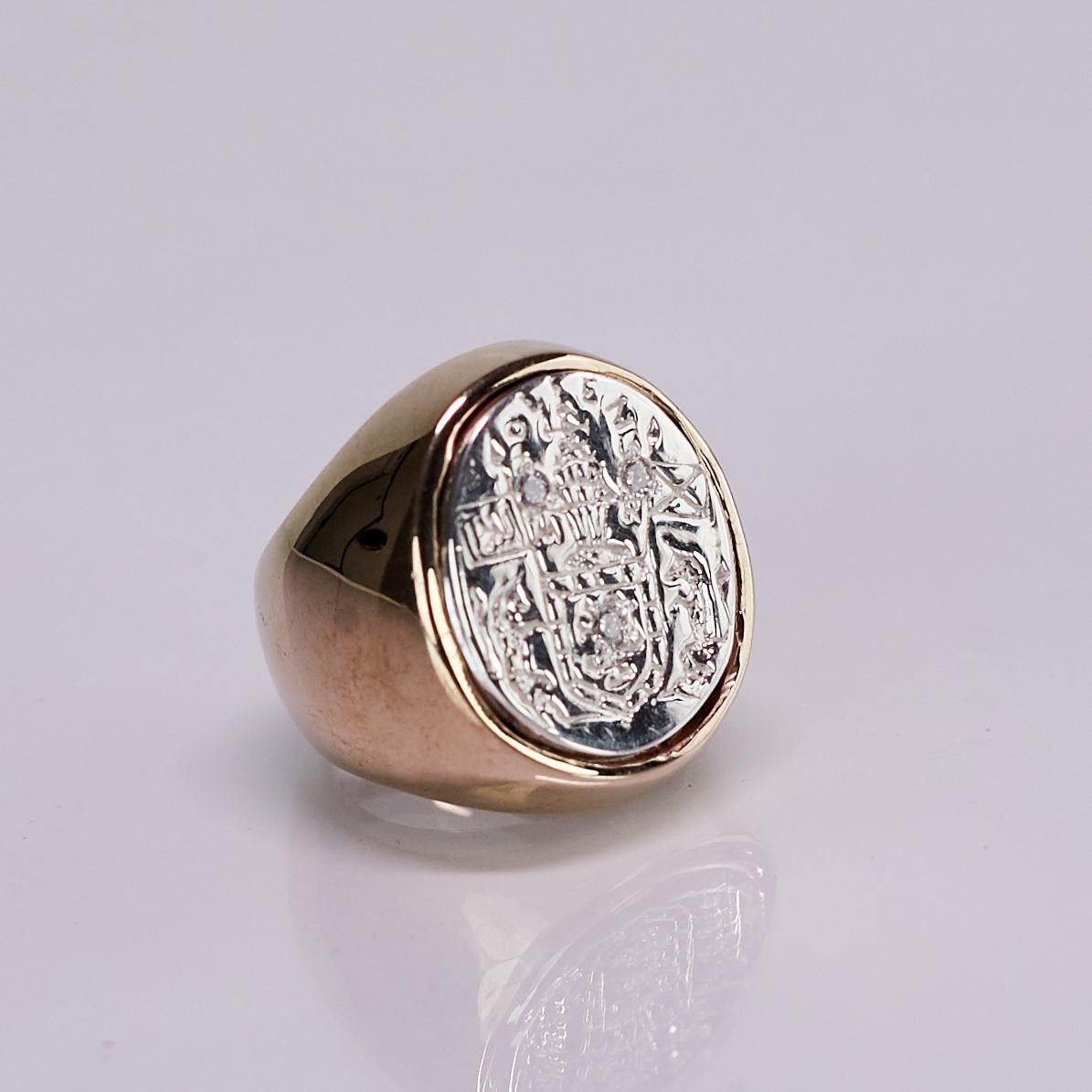 Brilliant Cut White Diamond Crest Signet Ring 14 Karat Yellow Gold White Gold Unisex For Sale